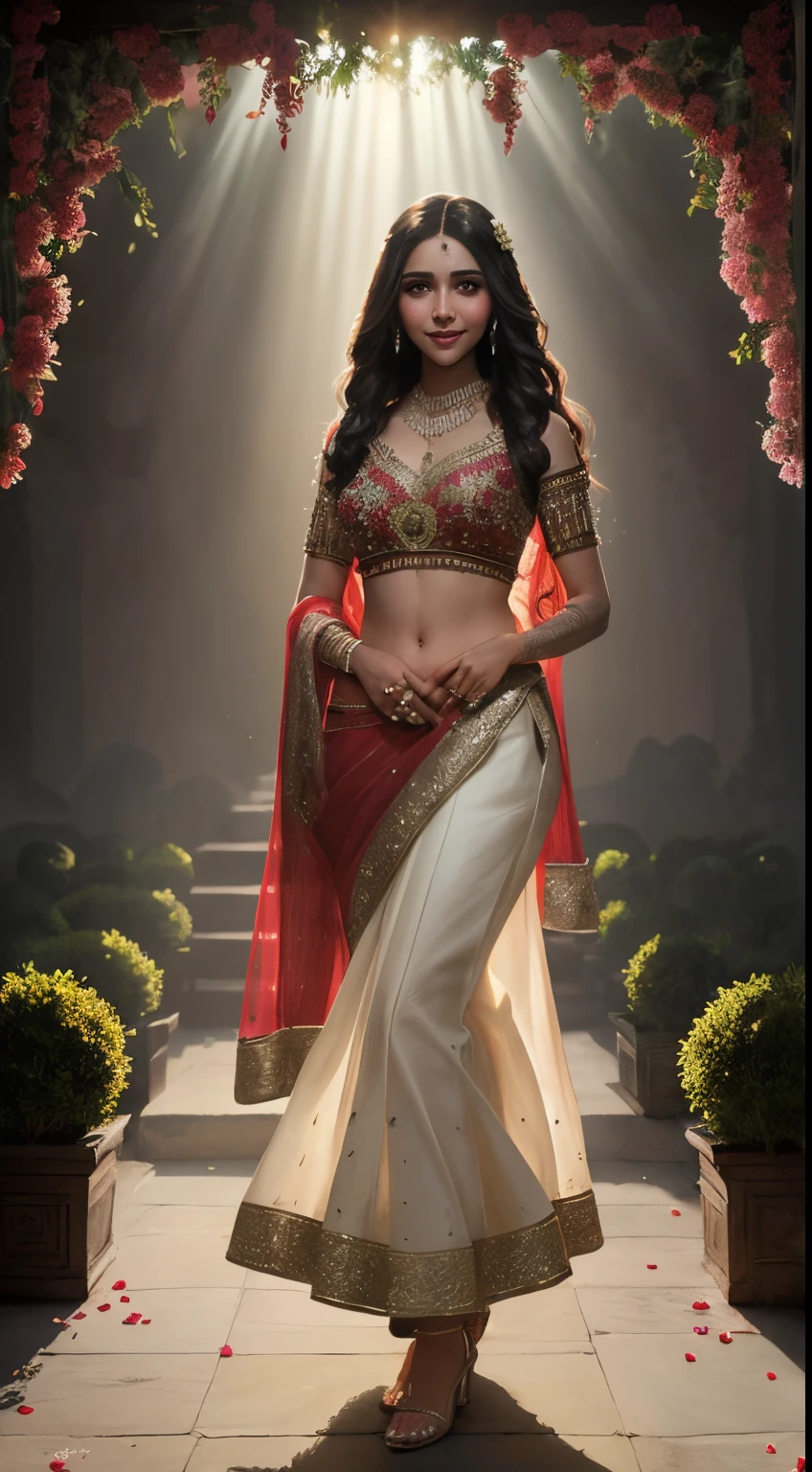 (masterpiece fantasy photography:1.3) of a (solo full body:1.3) ravishing elegant chubby supermodel Sonam Bajwa as persian bride, in a elegant garden wedding, wearing shimmering red lehenga and blouse, navel, glittering henna tattoos, lavish flower decorations, (ravishing long wavy backlit hair), enchanting, (glowing intricate eyes:1.3), (adorable smile:1.3) soft dramatic lighting, flower bouqets everywhere, backlit, light rays, highly detailed, trending on artstation, paint splashes, rich colour, fantasy portrait, by atey ghailan & greg Rutkowski