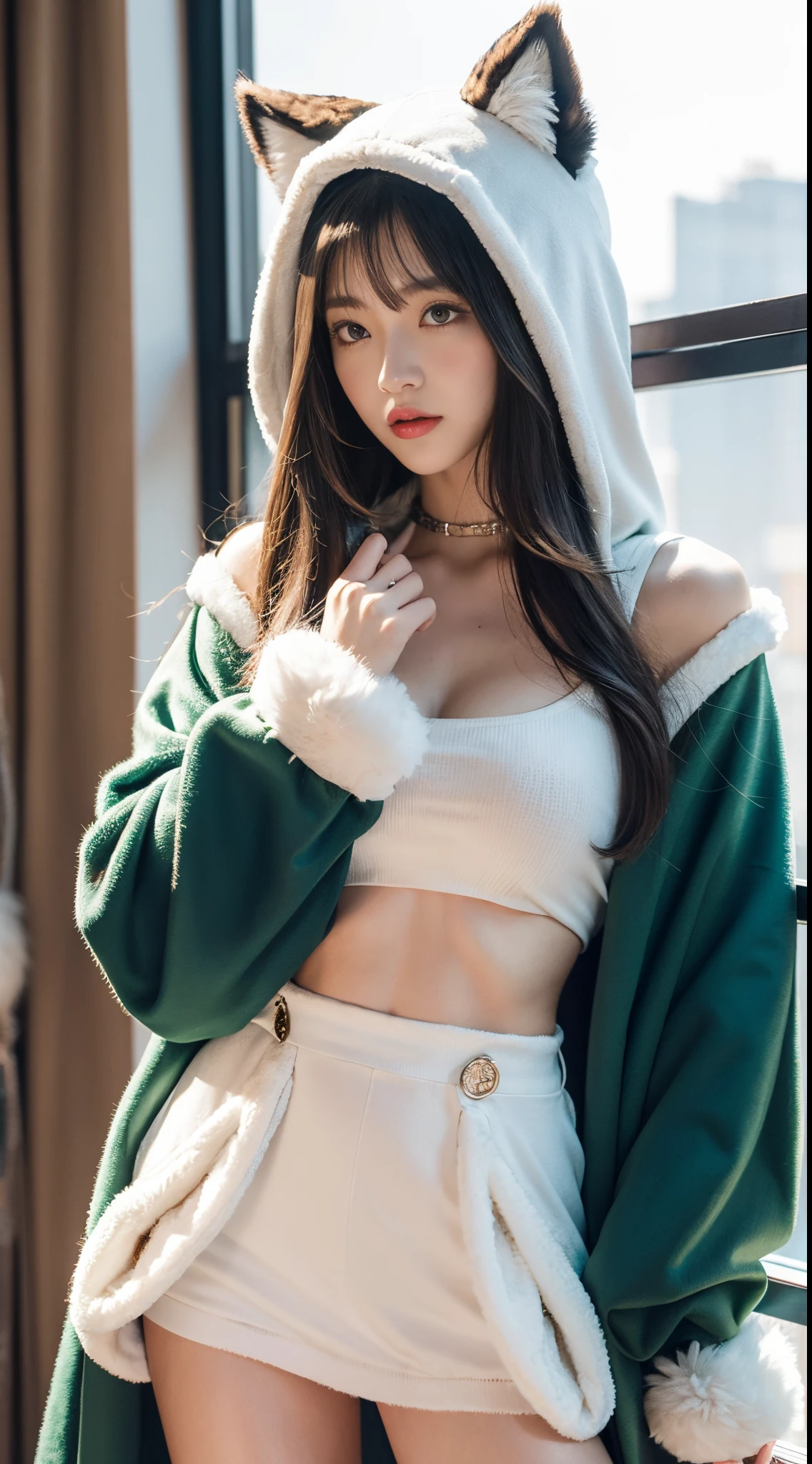 1个Giant Breast Girl, animal costume, Animal ear, Animal bandana, Animal print, By bangs, Be red in the face, nedium breasts, Keep your mouth shut, Eyebrows visible through hair, fur-trimmed shawl, fur-trimmed hood, raw edge sleeves, fur-trim, green-eyed, hooding, Cover up, horn, long whitr hair, longer sleeves, looking at viewert, Mimi persimmon, Pom Pom \(The clothes ar\), Platinum Noel, silber hair, ssmile, Alone, Virtual YouTuber