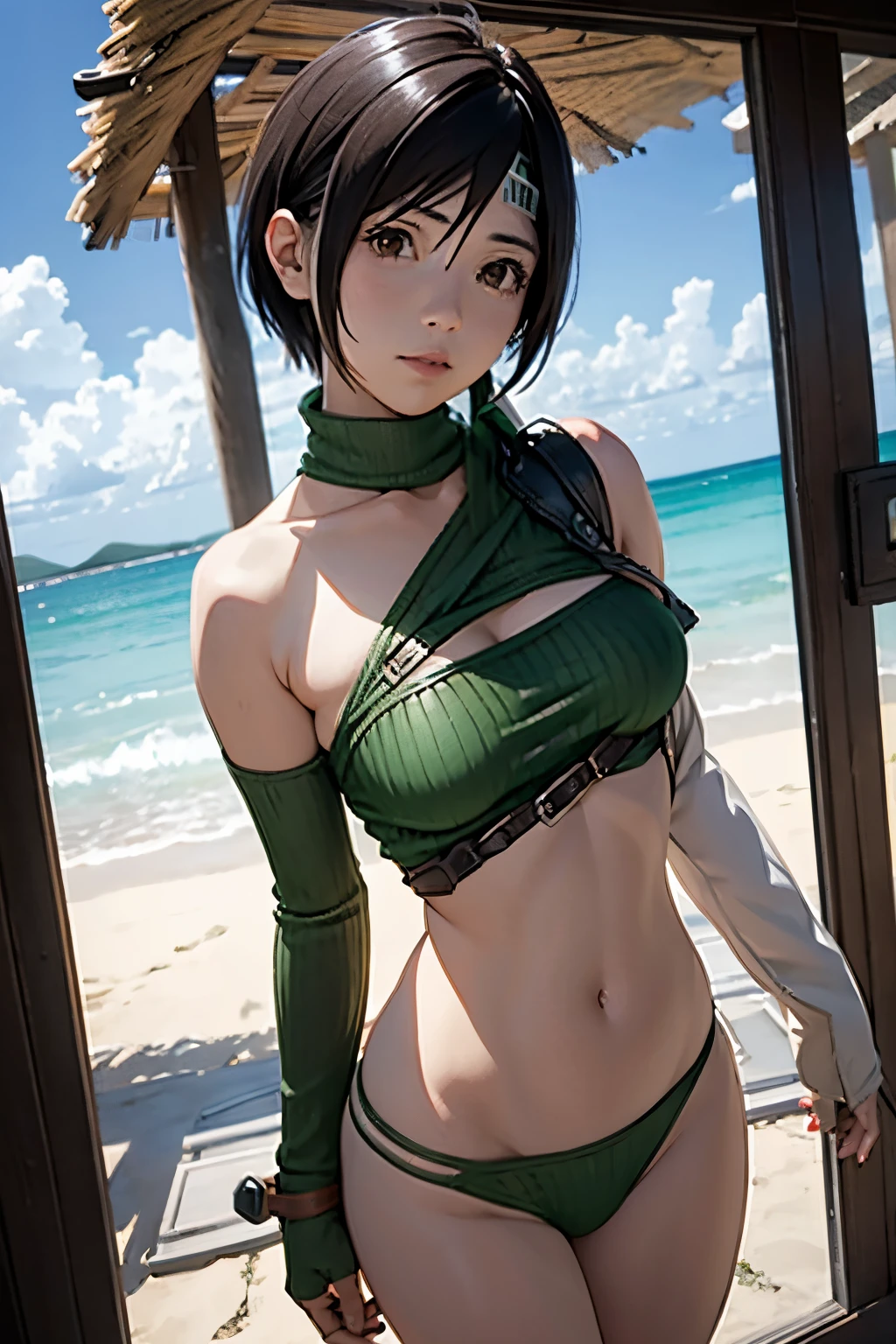 Yuffie kisaragi, final fantasy 7, 1girl,Seios enormes, seios pendurados, seios gigantescos, sbikini, Olhando para o Viewer, sorrir, heaven,oceano,swimsuit under clothes, de cima, ajuste do mamilo, Areola,large areolas, mamilos inchados