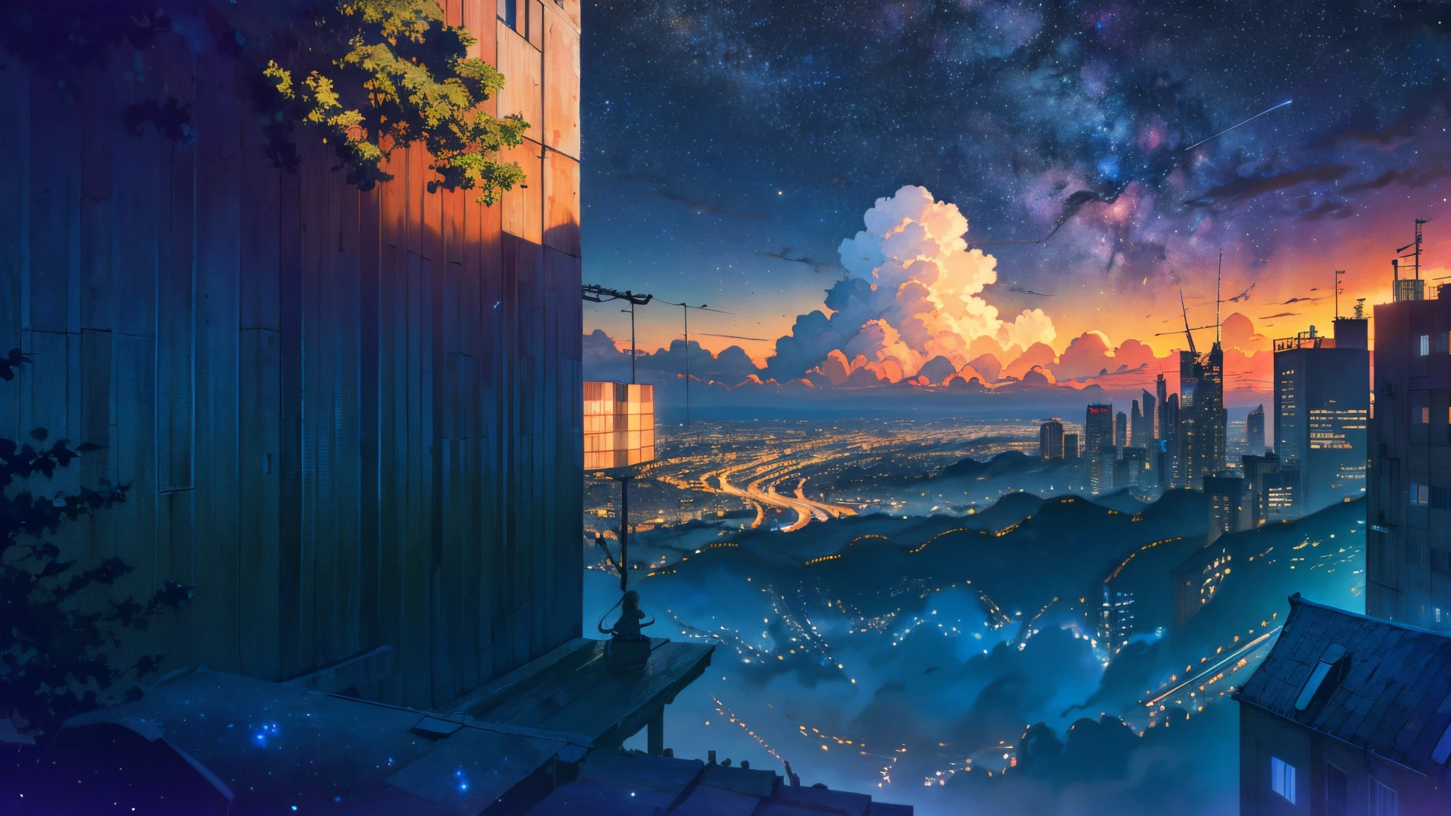 sky, star (sky), scenery, starry sky, night, 1girl, night sky, solo, outdoors, building, cloud, milky way, sitting, tree, long hair, city, silhouette, cityscape