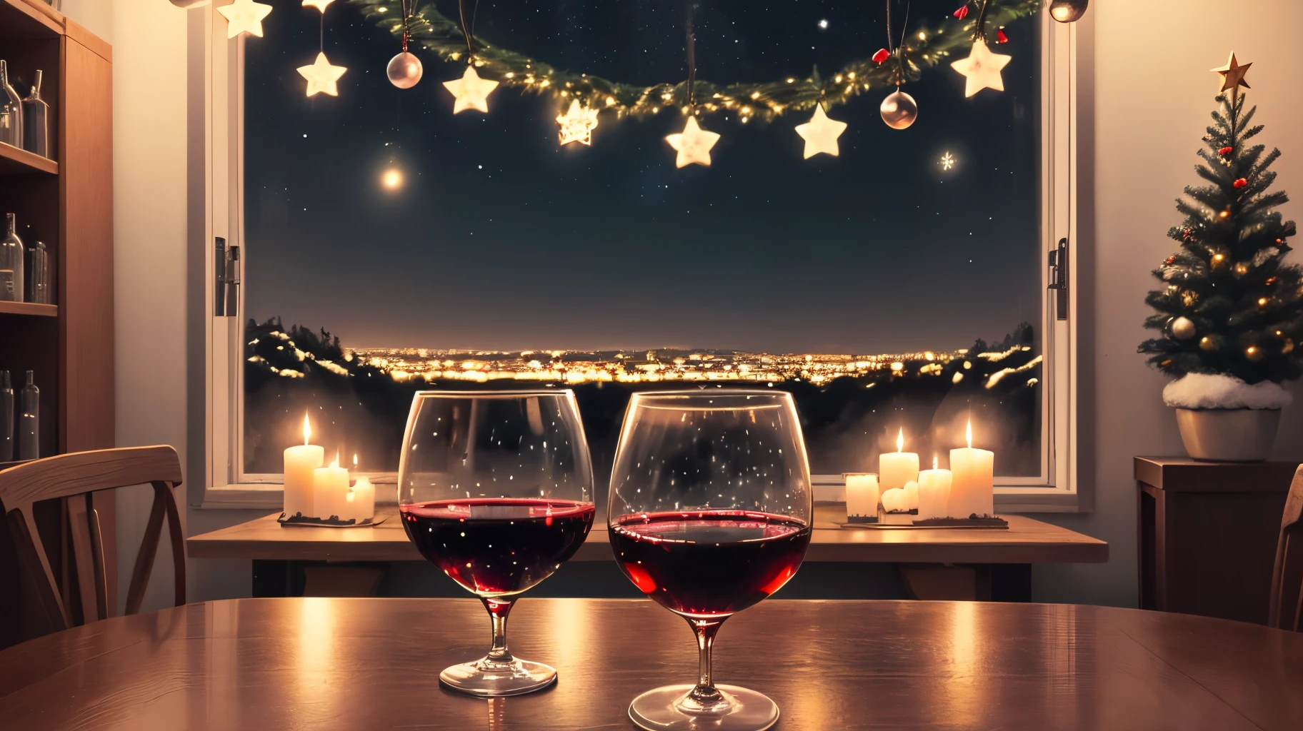 aesthetic alone in christmas night, a glass of red wine, pov