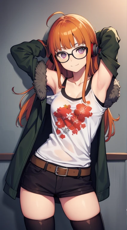 futabasakura, futaba sakura, orange hair, glasses, long hair, (purple eyes:1.1), ahoge,
BREAK behind-the-head headphones, belt boots, black footwear, black thighhighs, cross-laced footwear, fur trim, fur-trimmed jacket, green jacket, headphones, jacket, knee boots, lace-up boots, off shoulder, off-shoulder shirt, shirt, t-shirt, thighhighs, thighhighs under boots,
BREAK looking at viewer,
BREAK forest, dark sky, contrapposto, smile, spread armpits, cowboy shot, sleeveless, arms behind head,
BREAK (masterpiece:1.2), best quality, high resolution, unity 8k wallpaper, (illustration:0.8), (beautiful detailed eyes:1.6), extremely detailed face, perfect lighting, extremely detailed CG, (perfect hands, perfect anatomy),