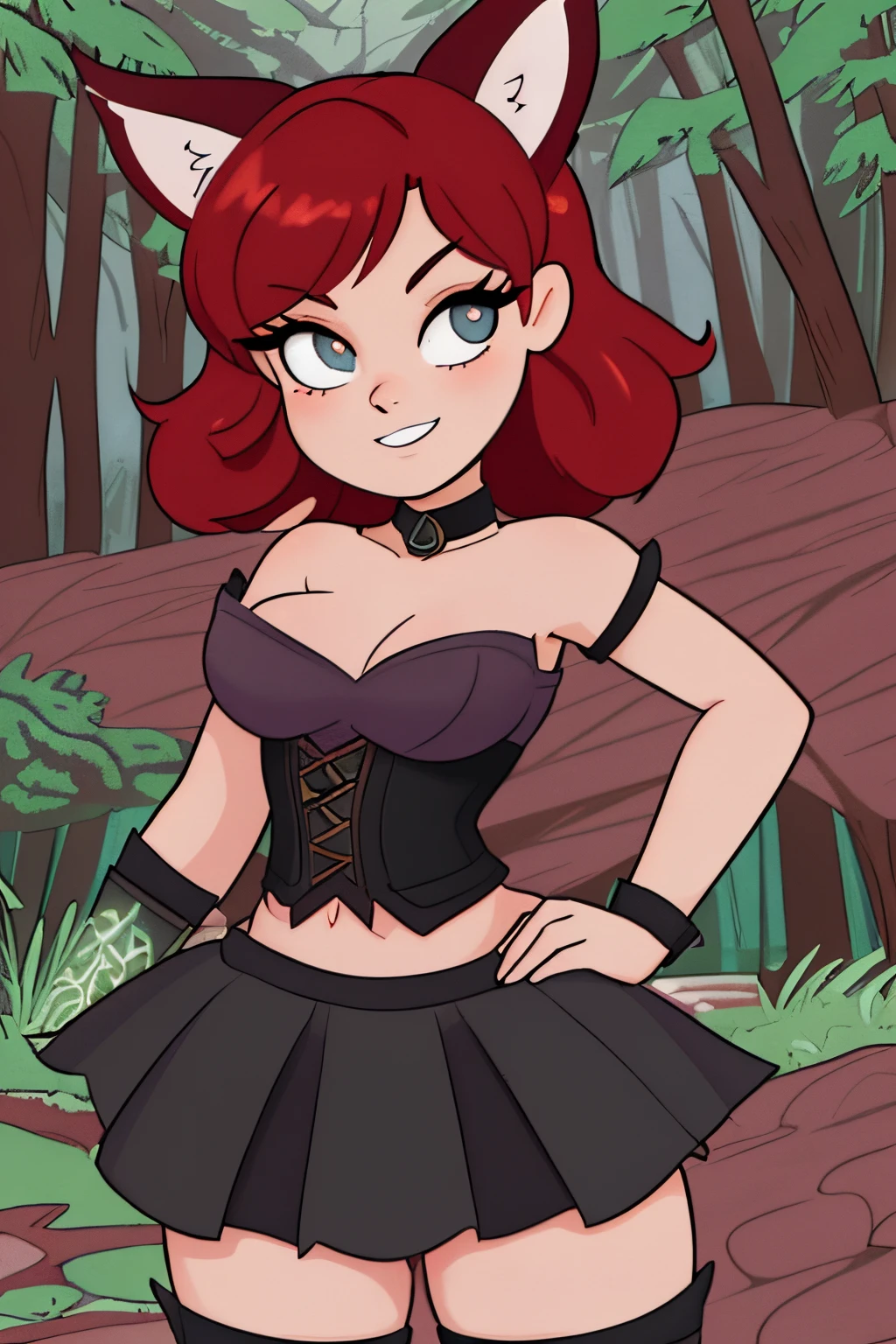 close up 1girl in, ager, Solo, (undercut red hair: 1.28), ((light gray eyes)), some small freckles, (dark fox ears:1.35), pale skin, medium breasts, cleavage, (thin hips, thin waist: 1.25), (arched back:1.12), detailed skin, mischievous face, revealing clothes, (wearing Xena roman armor, leather skirt, corset armored: 1.1), looking at viewer, (groping chest: 1.34), (sexy pose: 1.22), (detailed magical forest background:1.1), creek, overlooking opening in forest, relaxing, 4k textures, soft light, elegant, highly detailed, sharp focus, soothing tones, insane details, intricate details, hyperdetailed, low contrast, exposure blend, hdr, faded
