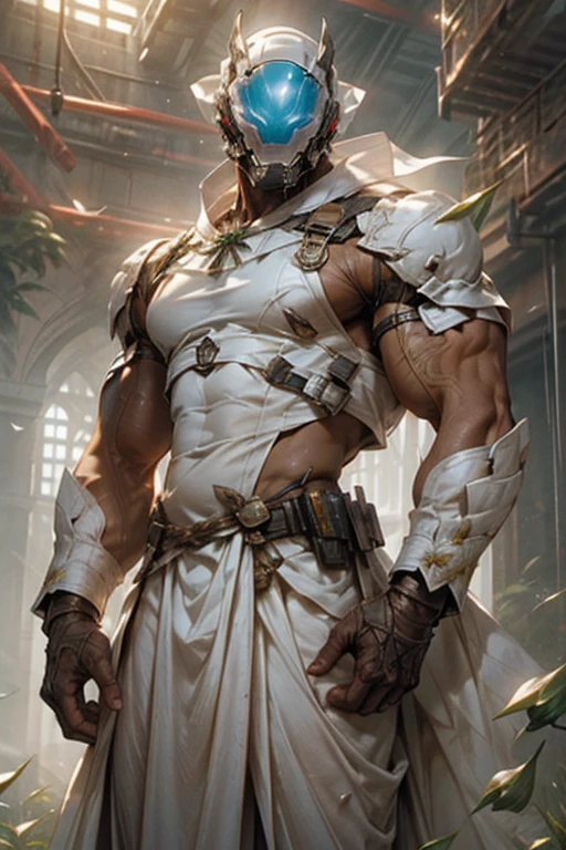 1male man, science fiction helmet ,Muscular,((the lilies)),cage,strappy,White rope,White cloth curtains,(Detail light),Falling white petals