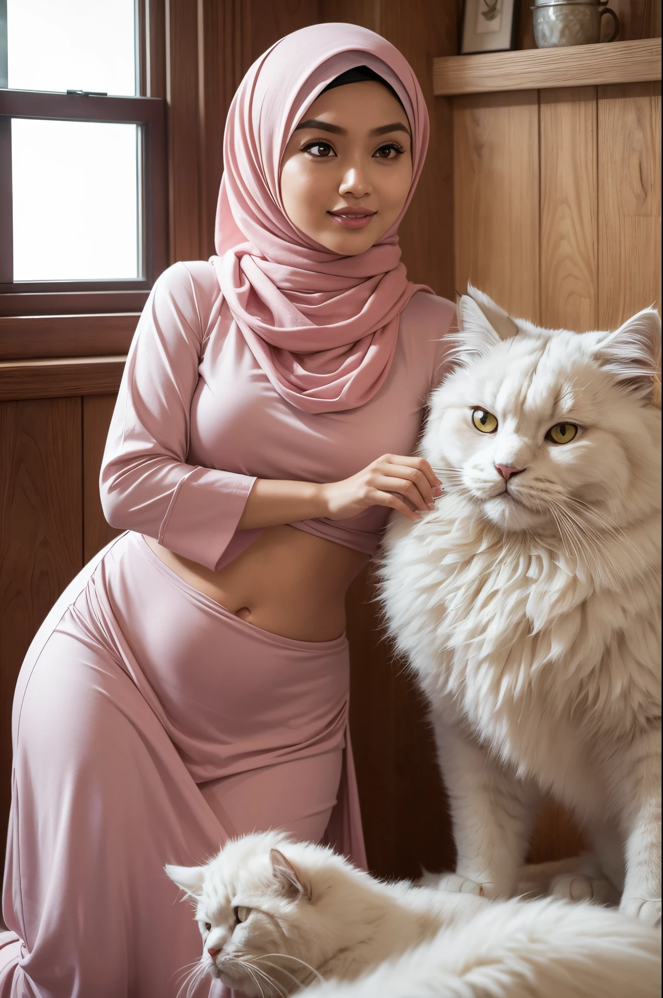 Design a heartwarming scene as the young Malay woman in pastel color hijab interacts with her beloved ((very big cat pet)),(( very big fluffy white persian cat)),(((very very big cat pet)),very cute Malay woman with beautiful small petite body, wear modest baju kurung, , small petite body, beer belly, small waist, slim, wide hips, thick thighs, detail face, perfect face, showcasing the bond between them in a cozy home setting, bright lighting, happy, 8k, high quality, ray lighting,