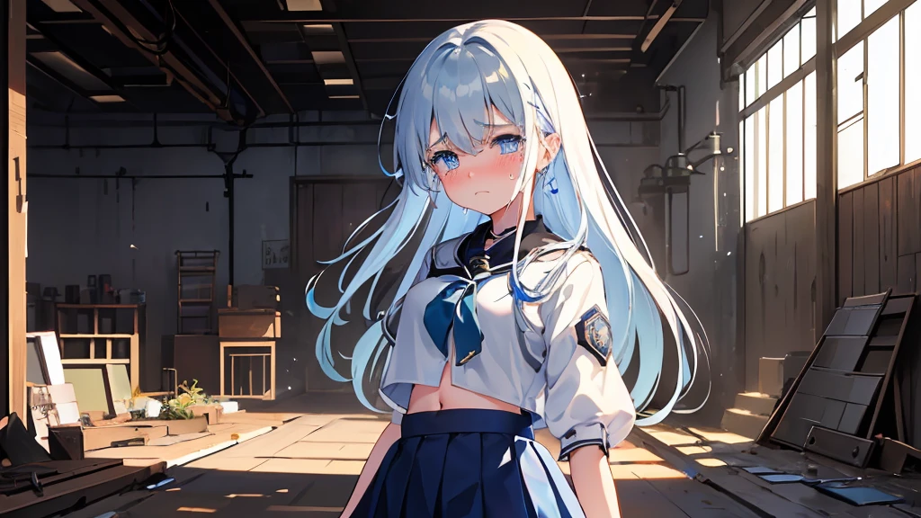darkened room、(Steampunk Factory)、(inside factory)、(Room of Ruins 1.4)、(one girls:1.5)、white  hair、(White uniform:1.4)、(Skirt High School Student:1.3)、(Navy blue skirt 1.2)、(shortsleeves:1.2)、(a navel:1.3)、(blue eyess:1.6)、(length hair:1.2)、Works with a vivid texture、(Dynamic Pose：1.4)、(The upper part of the body:1.3)、(is crying:1.5)、(get blush:1.3)、