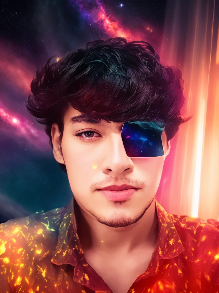 (best quality,8k),vibrant colors,anime style,beautiful detailed eyes,anime printed tshirt,wearing tshirt with anime design,long hair flowing in the wind,bright and shining stars in the galaxy,sparkling galaxies in the background,depth and dimension,professional lighting,sharp focus,dreamy atmosphere