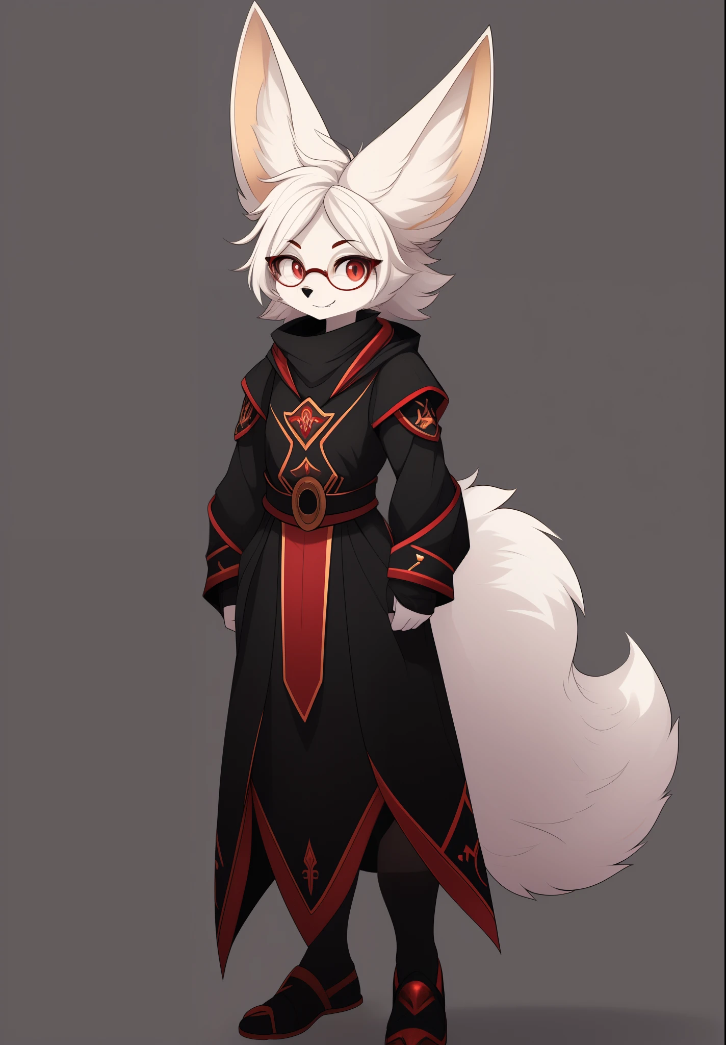 anthro, mommy female white fennec fox, solo, long white hair, red eyes, fangs, full body, one big tail, dark background. dark priest with balck and red cloack, third eye, round glasses, full body