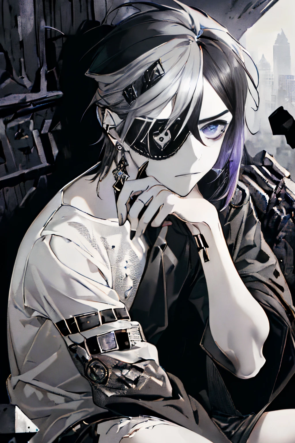 ((A ruined city full of rubble)),(After the war),((Vast landscape full of rubble)),(boy wearing tattered clothes),((Soot-stained hair mixed with silver and black)),(Lifeless eyes),((sit on the ground holding both knees)),((glare at me again)),(The mouth is slightly open),((Dark purple eyes)),((Monochrome world)),((black and gray and white and brown)),,((Eyepatch studded with fine jewels)),((Eye patch for left eye)),(pov from down),