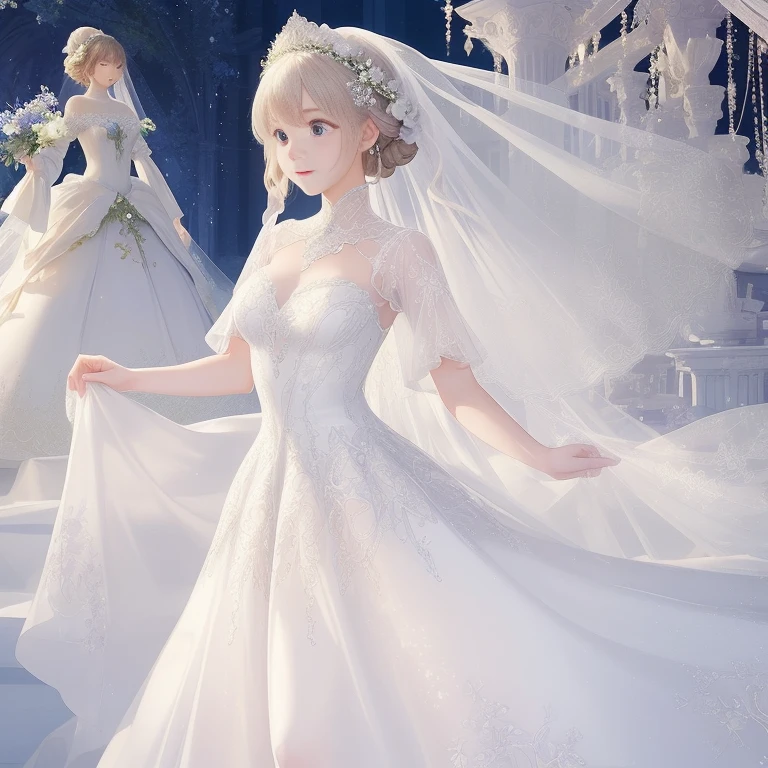 (top-quality、hight resolution、masterpiece)、There is a wedding dress with lights on the mannequin stand、A dream world where a beautiful woman wears that dress、((Fantastical))、 translucent dress, white royal dress, Elegant white dress, fantasy dress, Elegant dress, magical dress, romantic dress, fantasy dress with intricate decoration, white dress with luxurious embroidery, Wearing a beautiful white, lady dress with glowing flowers, ethereal and dreamy, dream style, White Dress, embroidery, Backlight、amazing splash、Luminous、