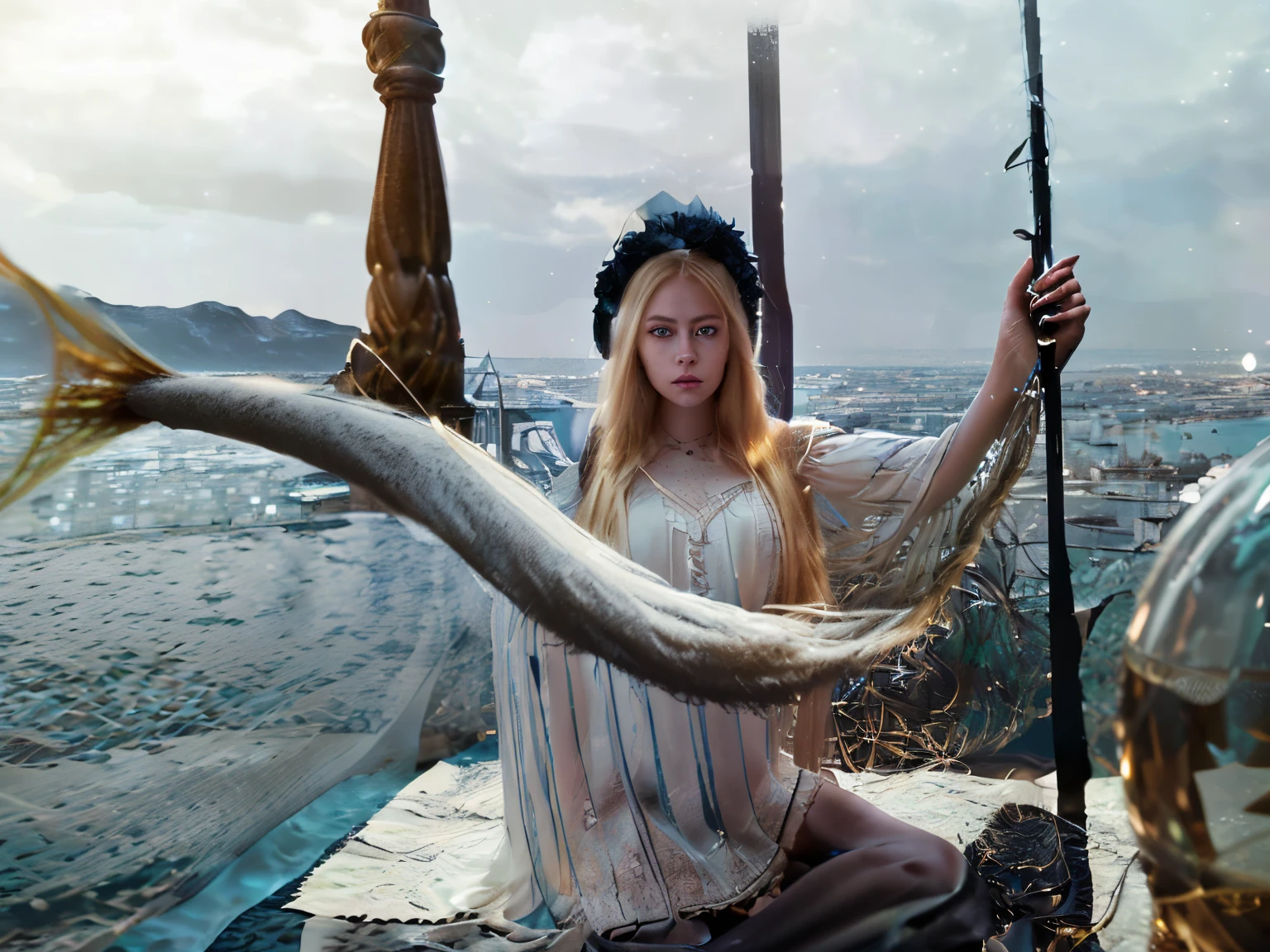 (extremely detailed CG unity 8k wallpaper,masterpiece, best quality, ultra-detailed),(best illumination, best shadow, an extremely delicate and beautiful),floating,high saturation,blonde hair+blue eyes:1.2,gloomy gothic scenery, long hair, gaze into the distance. (A beautiful girl with long blonde hair and blue eyes sparkling gothic lighting)