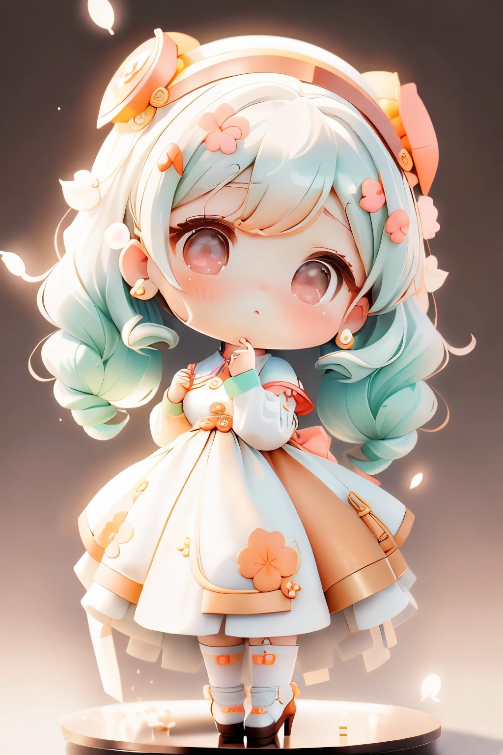 girl with, Chibi、amber, , medium pastel mint white, luxury fabrics, dithering, Far-reaching,viewer lucky brown,qipao dress、、girl on head, Chibi、amber, , medium pastel white, luxury fabrics, dithering, Far-reaching,viewer lucky brown,qipao dress、、There are no ears on the head.There are no ears.