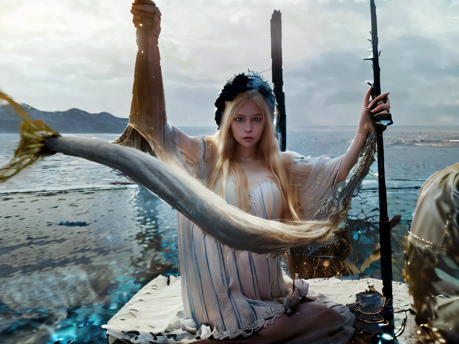 (extremely detailed CG unity 8k wallpaper,masterpiece, best quality, ultra-detailed),(best illumination, best shadow, an extremely delicate and beautiful),floating,high saturation,blonde hair+blue eyes:1.2,gloomy gothic scenery, long hair, gaze into the distance. (A beautiful girl with long blonde hair and blue eyes sparkling gothic lighting)