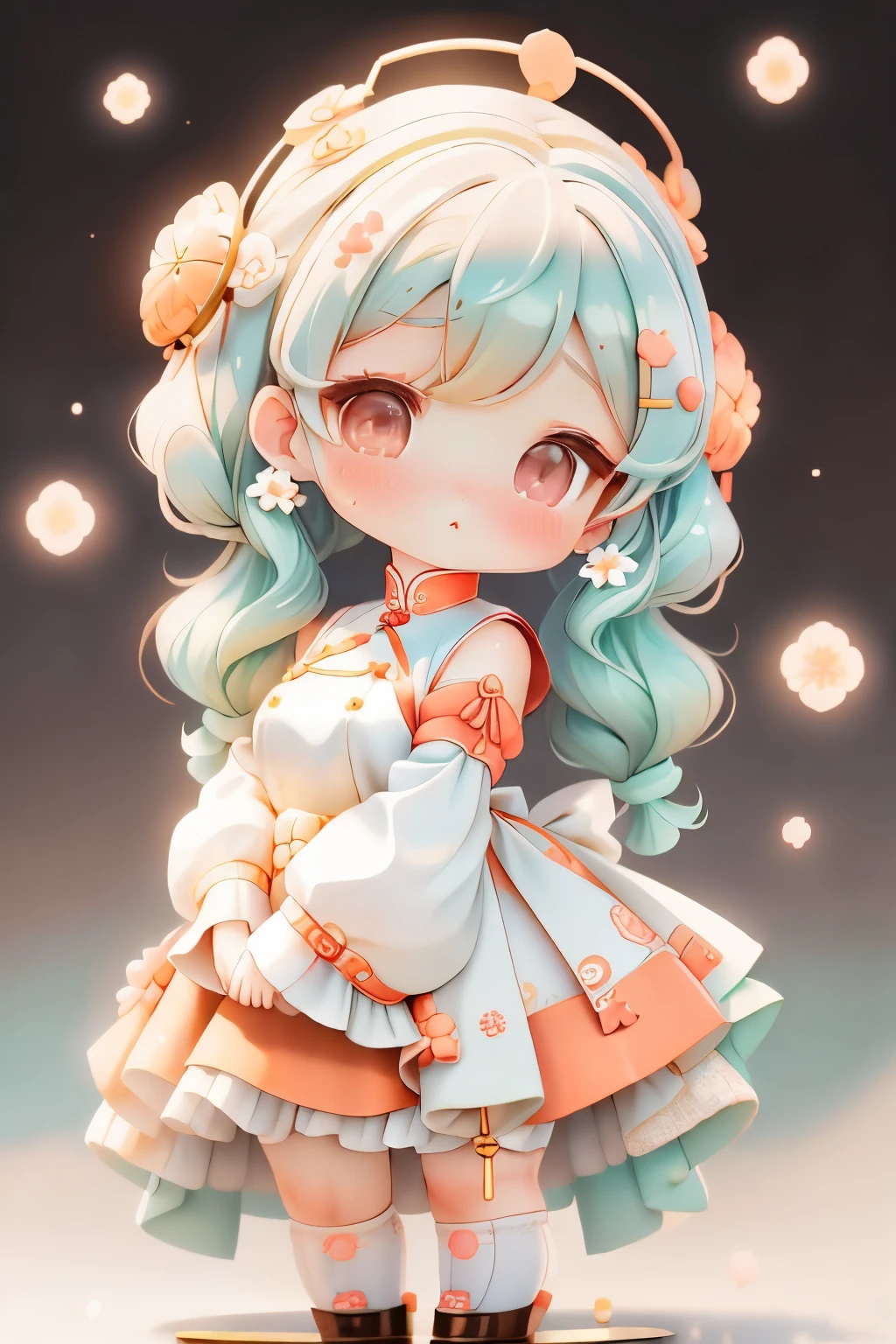 girl with, Chibi、amber, , medium pastel mint white, luxury fabrics, dithering, Far-reaching,viewer lucky brown,qipao dress、、girl on head, Chibi、amber, , medium pastel mint white, luxury fabrics, dithering, Far-reaching,viewer lucky brown,qipao dress、、There are no ears on the head.There are no ears.