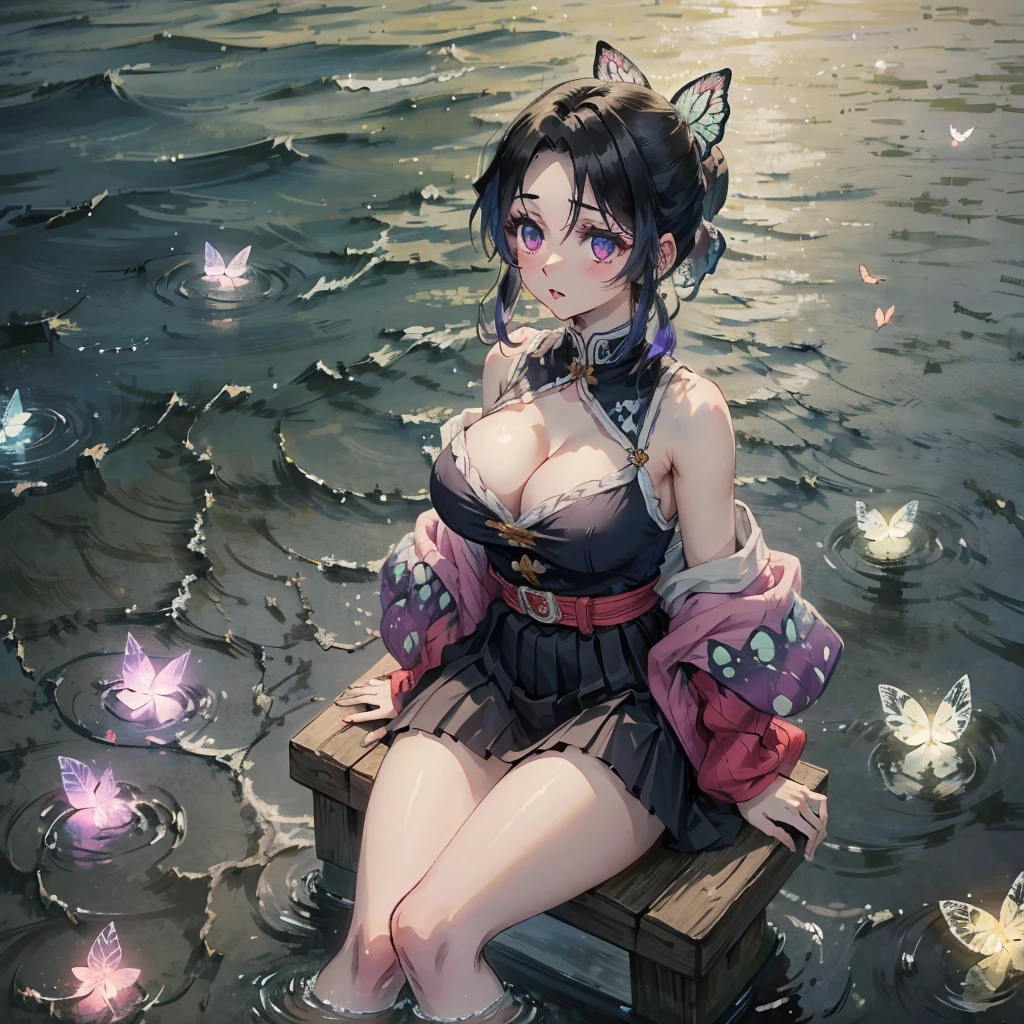 Kochou Shinobu, 1girl,masterpiece, multicolored hair,sleeveless, purple eyes, black jacket,black skirt,uniform, white haori, blushing, , multiple butterflies, , river, sitting beside river, legs in river , perfect lighting, highest quality, hands behind, thick thighs, large breasts, big cleavage, highest quality, high resolution.