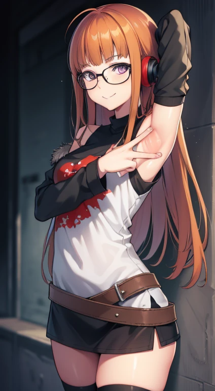 futabasakura, futaba sakura, orange hair, glasses, long hair, (purple eyes:1.1), ahoge,
BREAK behind-the-head headphones, belt boots, black footwear, black thighhighs, cross-laced footwear, fur trim, fur-trimmed jacket, green jacket, headphones, jacket, knee boots, lace-up boots, off shoulder, off-shoulder shirt, shirt, t-shirt, thighhighs, thighhighs under boots,
BREAK looking at viewer,
BREAK forest, dark sky, contrapposto, smile, spread armpits, cowboy shot, sleeveless, arms behind head,
BREAK (masterpiece:1.2), best quality, high resolution, unity 8k wallpaper, (illustration:0.8), (beautiful detailed eyes:1.6), extremely detailed face, perfect lighting, extremely detailed CG, (perfect hands, perfect anatomy),