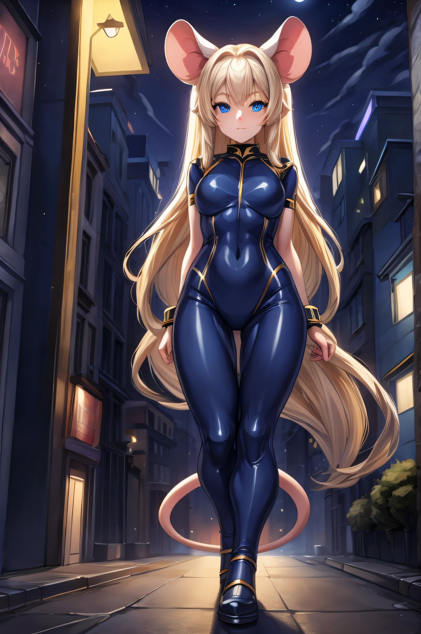 (Masterpiece) (High Detail) (High Res) A humanoid girl giantess with pale skin and long blonde hair and blue eyes and fluffy mouse ears and a thin mouse tail is walking down a city street at night and is taller than the buildings. She is leaning against the roof of a house. She is wearing a navy blue spandex body suit with gold trim and is looming over the viewer. Night time.