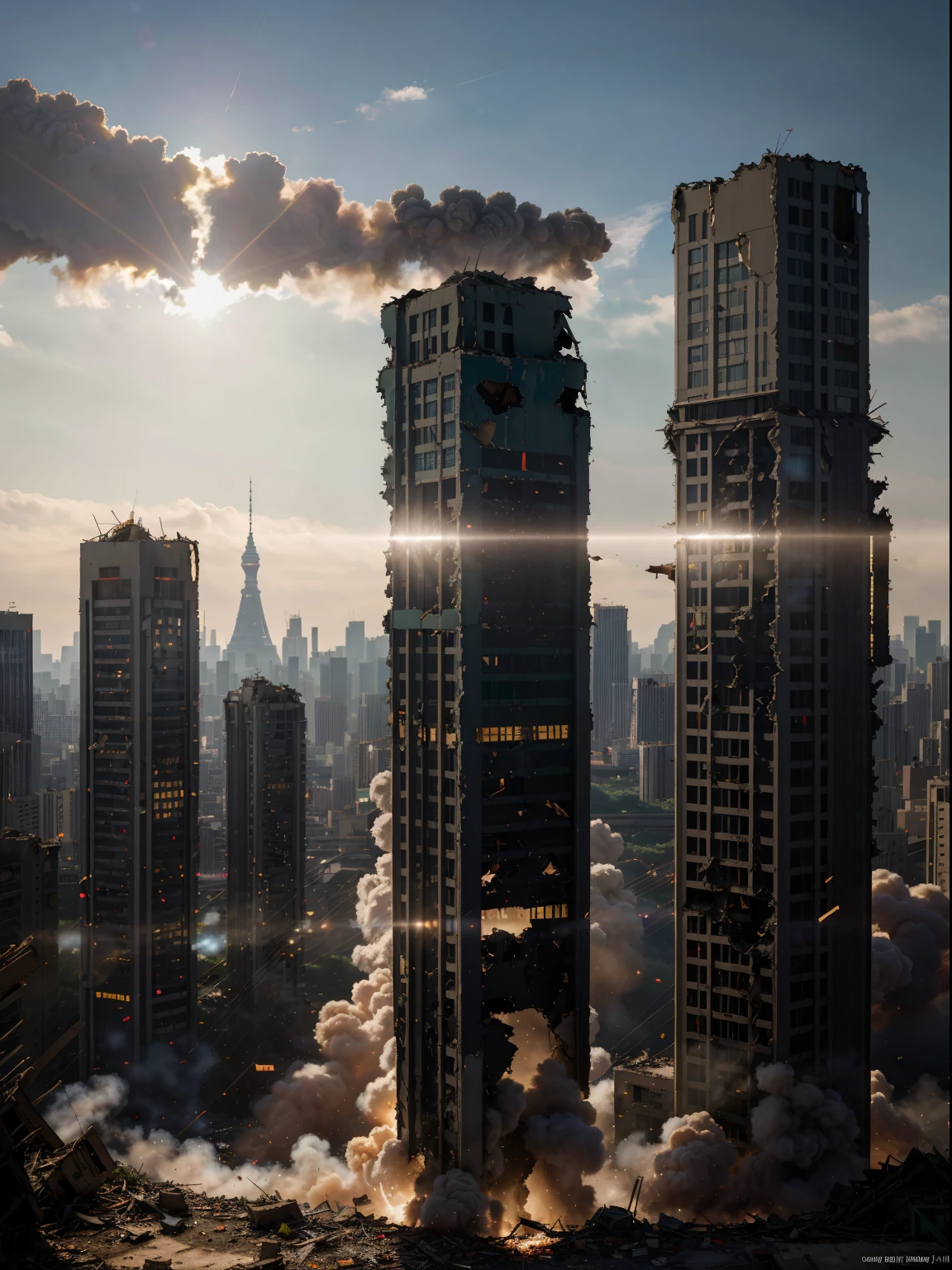 masterpiece, best quality, high quality, extremely detailed CG Unity 8k wallpaper, cinematic lighting, Seoul in ruins due to world war in 2060, (destroyed buildings: 1.3), South Korea, (after nuclear war), sci-fi, anamorphic lens flare, shallow depth of field