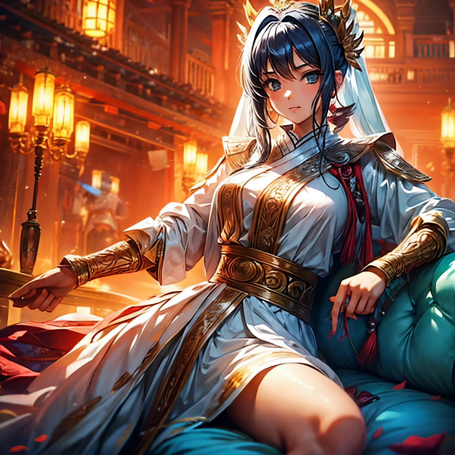 Several women in white school uniform in sexy poses, harem, cushions, lots of light