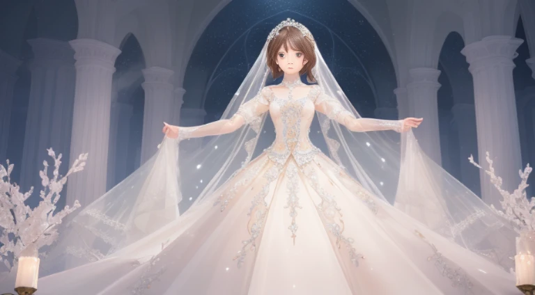 (top-quality、hight resolution、masterpiece)、There is a wedding dress with lights on the mannequin stand、A dream world where a beautiful woman wears that dress、((Fantastical))、 translucent dress, white royal dress, Elegant white dress, fantasy dress, Elegant dress, magical dress, romantic dress, fantasy dress with intricate decoration, white dress with luxurious embroidery, Wearing a beautiful white, lady dress with glowing flowers, ethereal and dreamy, dream style, White Dress, embroidery, Backlight、amazing splash、Luminous、