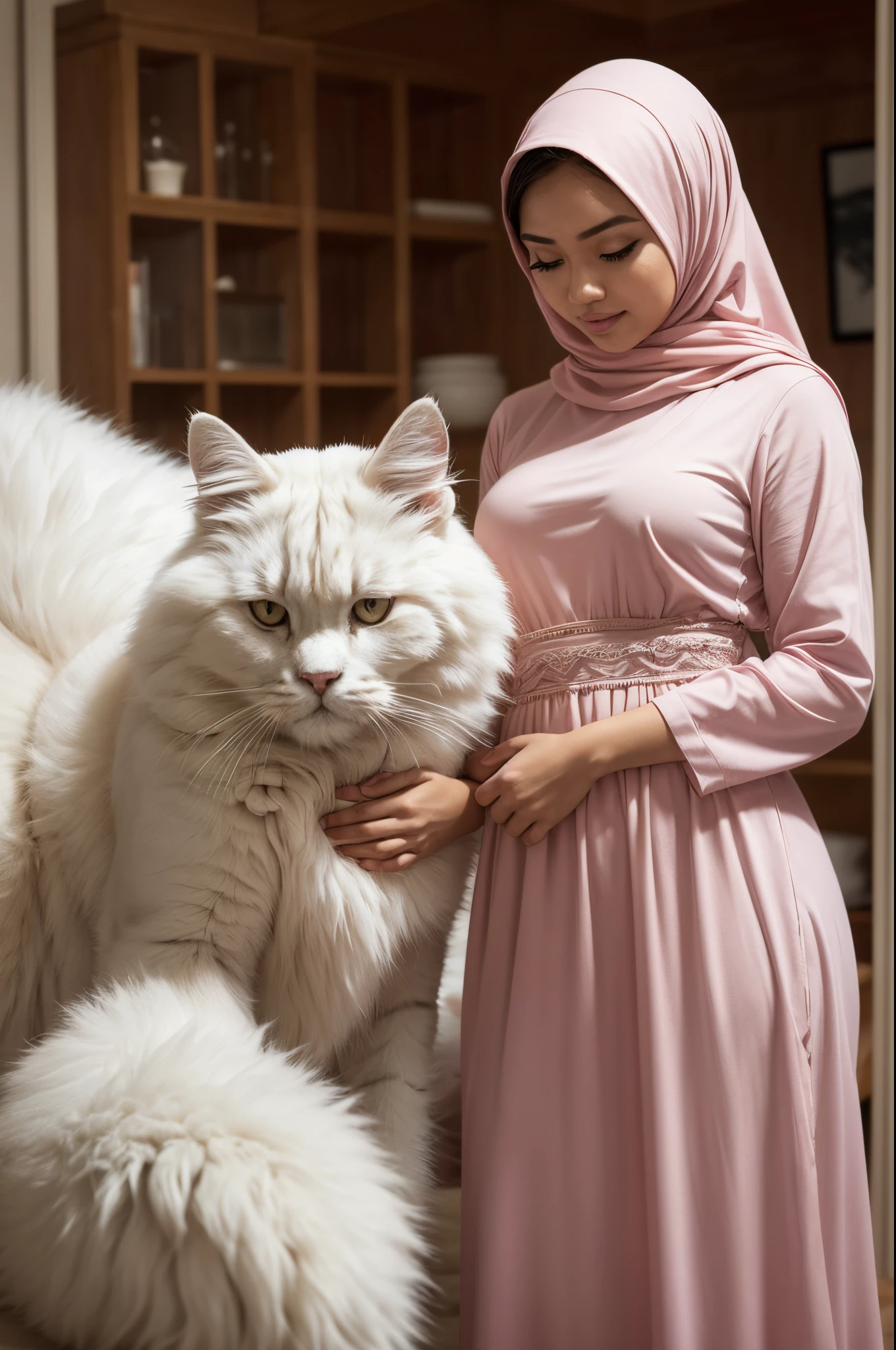 Design a heartwarming scene as the young Malay woman in pastel color hijab interacts with her beloved ((very big cat pet)),(( very big fluffy white persian cat)),(((very very big cat pet)),very cute Malay woman with beautiful small petite body, wear modest baju kurung, , small petite body, beer belly, small waist, slim, wide hips, thick thighs, detail face, perfect face, showcasing the bond between them in a cozy home setting, bright lighting, happy, 8k, high quality, ray lighting,