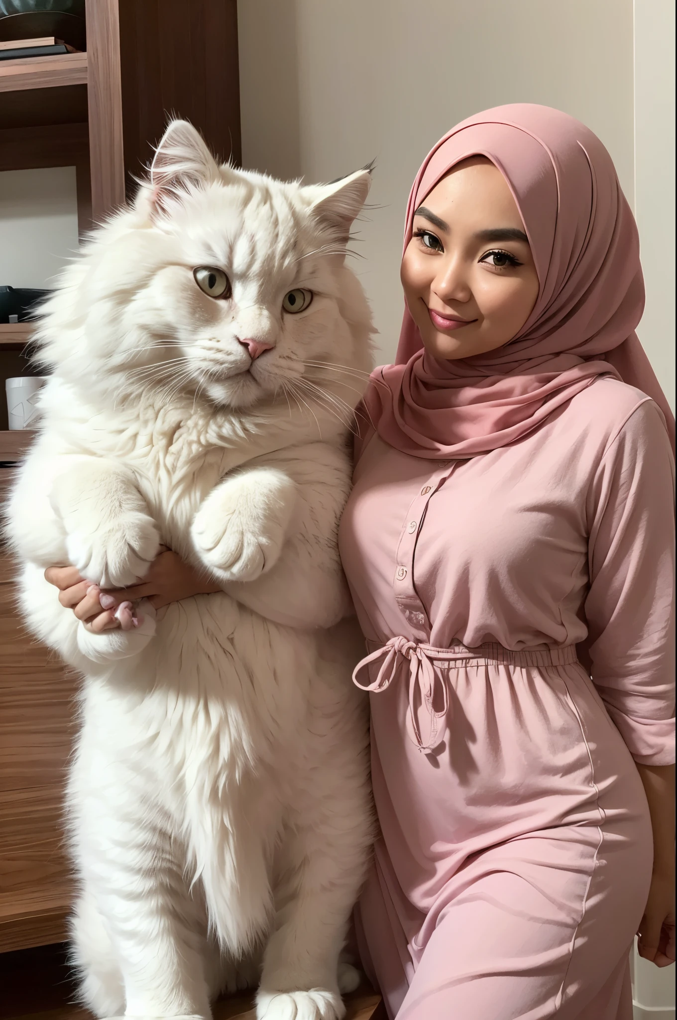 Design a heartwarming scene as the young Malay woman in pastel color hijab interacts with her beloved ((very big cat pet)),(( very big fluffy white persian cat)),(((very very big cat pet)),very cute Malay woman with beautiful small petite body, wear modest baju kurung, , small petite body, beer belly, small waist, slim, wide hips, thick thighs, detail face, perfect face, showcasing the bond between them in a cozy home setting, bright lighting, happy, 8k, high quality, ray lighting,