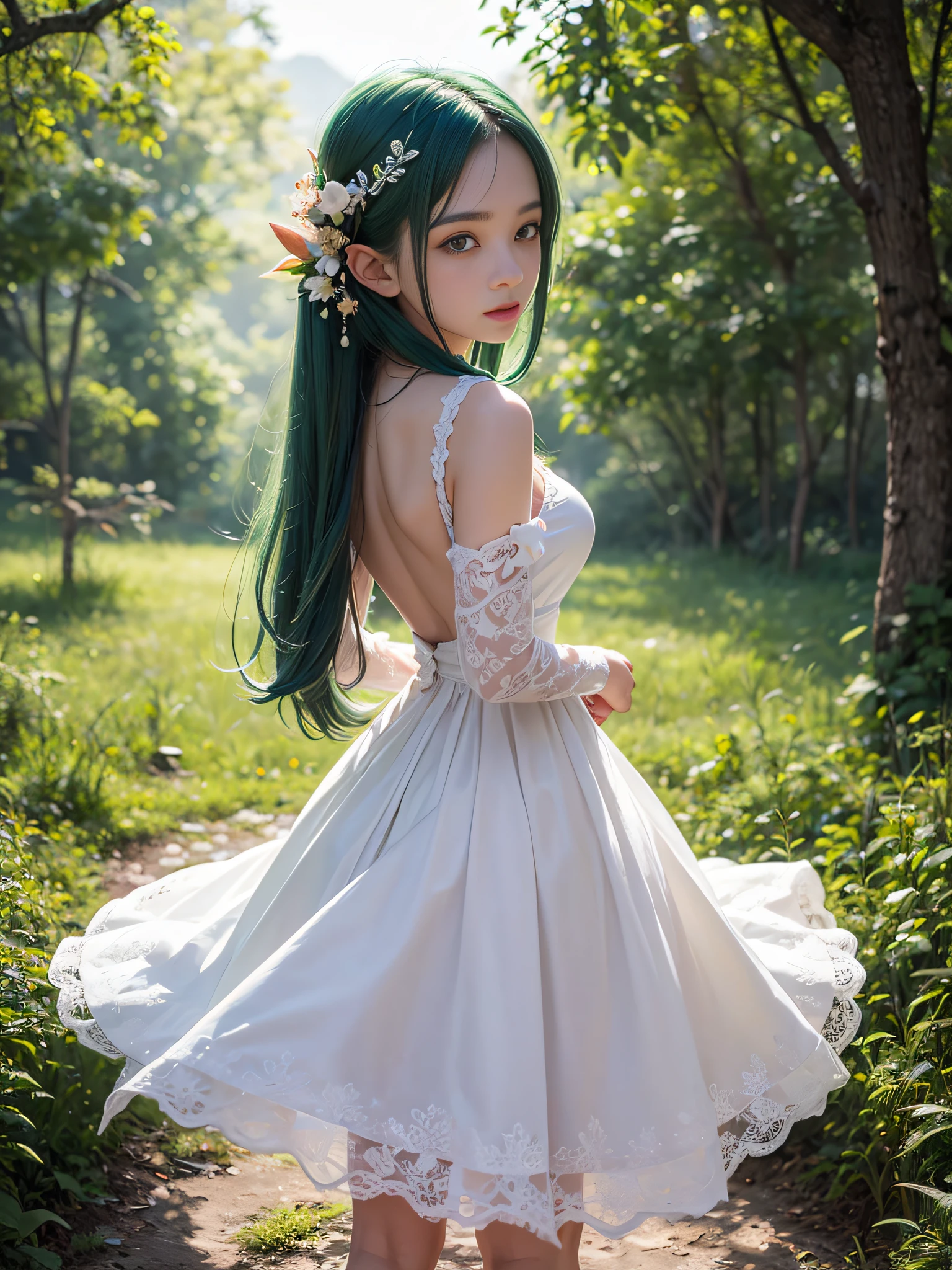 Graceful elven girl standing in meadow, Delicate face illuminated by the soft light of the setting sun. Her long, Flowing hair runs down your back, Decorated with intricate braids、Adorned with sparkling gemstones. This great photo is、、、It captures the ethereal beauty of elves. Slender figure in silk dress、Swaying in the soft steppe breeze. Attention to detail、Face that is、Face that is、Face that is、Face that is、It is evident in the intricate patterns of the dress and the subtle highlights of the luminescence. skin. The breathtaking portrayal of the elven girl is、、、、、Create an enchanting atmosphere、It invites the viewer to a magical world. emerald green hair color and eye,