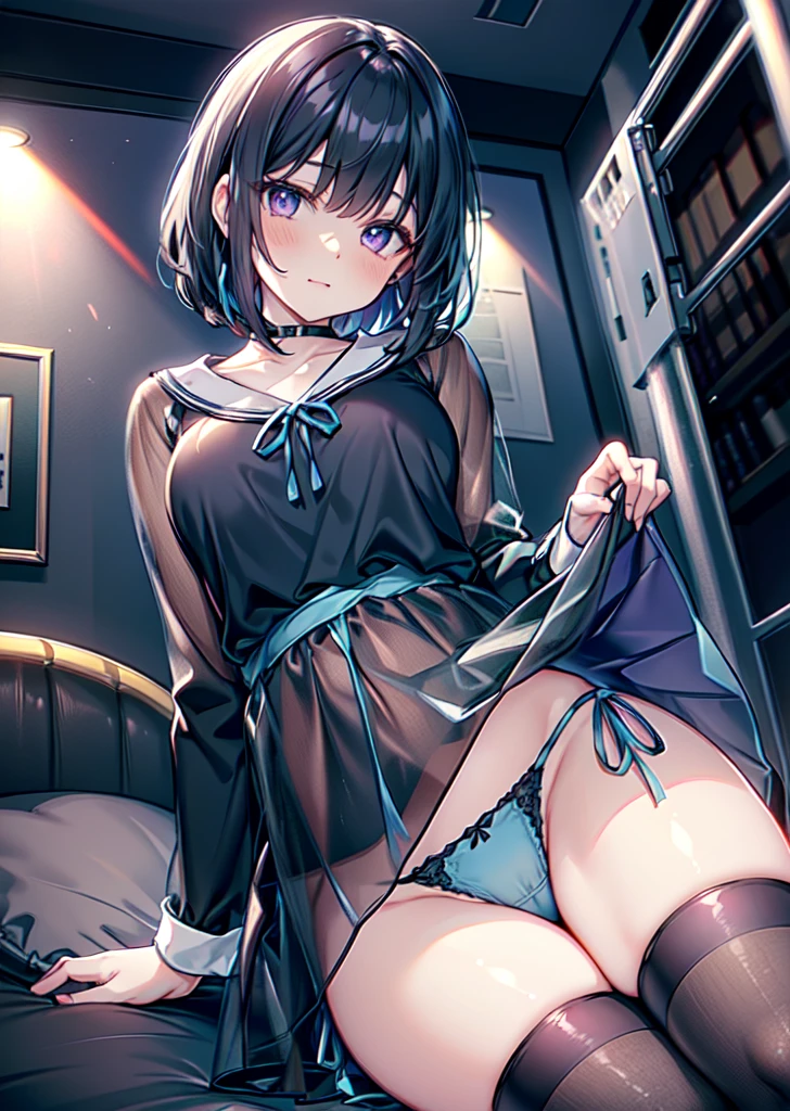 Pale blue panties, velvety texture, dark colored clothing, subdued luster, shiny black hair, deep violet eyes
