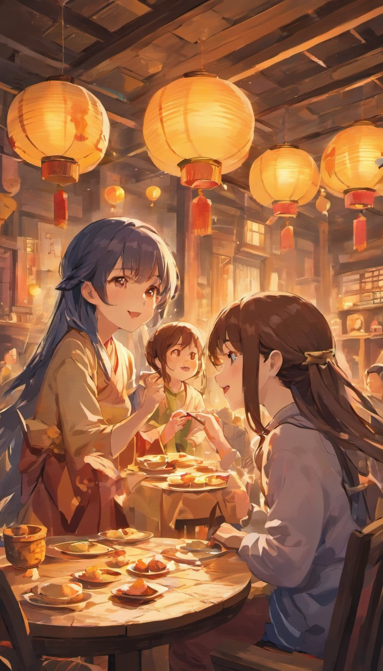 family sitting together, Enjoy reading books., Surrounded by a warm and comfortable atmosphere.. The rooms are beautifully decorated.，with lamp, It is a symbol of the happiness of the Mid-Autumn Festival.. The table was full of various foods., Including traditional mooncakes.. Moonlight shines through the window., A soft light shines on everyone&#39;s face.. Family laughing and talking, Express your love and happiness on this special occasion.. The artwork is created with the finest materials., such as oil painting or high-resolution digital renderings., Ensure the highest quality and details.. Vivid and vibrant colours, Create stunning presentations for holiday celebrations.. Well designed lighting, Focus on capturing the warm and peaceful atmosphere of the evening.. A work of art is a masterpiece., With subtle elements and realism, Photorealistic style. The moon in the night sky shows up as a perfect circle., Refers to the full moon of the Mid-Autumn Festival.. This scene was full of fun., love, and unity, Capture the essence of the festival.You can see the round moon hanging high.