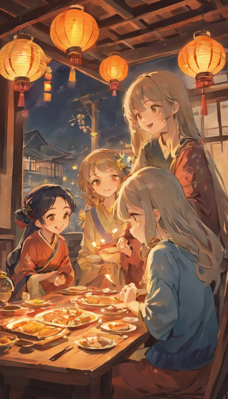 family sitting together, Enjoy reading books., Surrounded by a warm and comfortable atmosphere.. The rooms are beautifully decorated.,with lamp, It is a symbol of the happiness of the Mid-Autumn Festival.. The table was full of various foods., Including traditional mooncakes.. Moonlight shines through the window., A soft light shines on everyone's face.. Family laughing and talking, Express your love and happiness on this special occasion.. The artwork is created with the finest materials., such as oil painting or high-resolution digital renderings., Ensure the highest quality and details.. Vivid and vibrant colours, Create stunning presentations for holiday celebrations.. Well designed lighting, Focus on capturing the warm and peaceful atmosphere of the evening.. A work of art is a masterpiece., With subtle elements and realism, Photorealistic style. The moon in the night sky shows up as a perfect circle., Refers to the full moon of the Mid-Autumn Festival.. This scene was full of fun., love, and unity, Capture the essence of the festival.You can see the round moon hanging high.