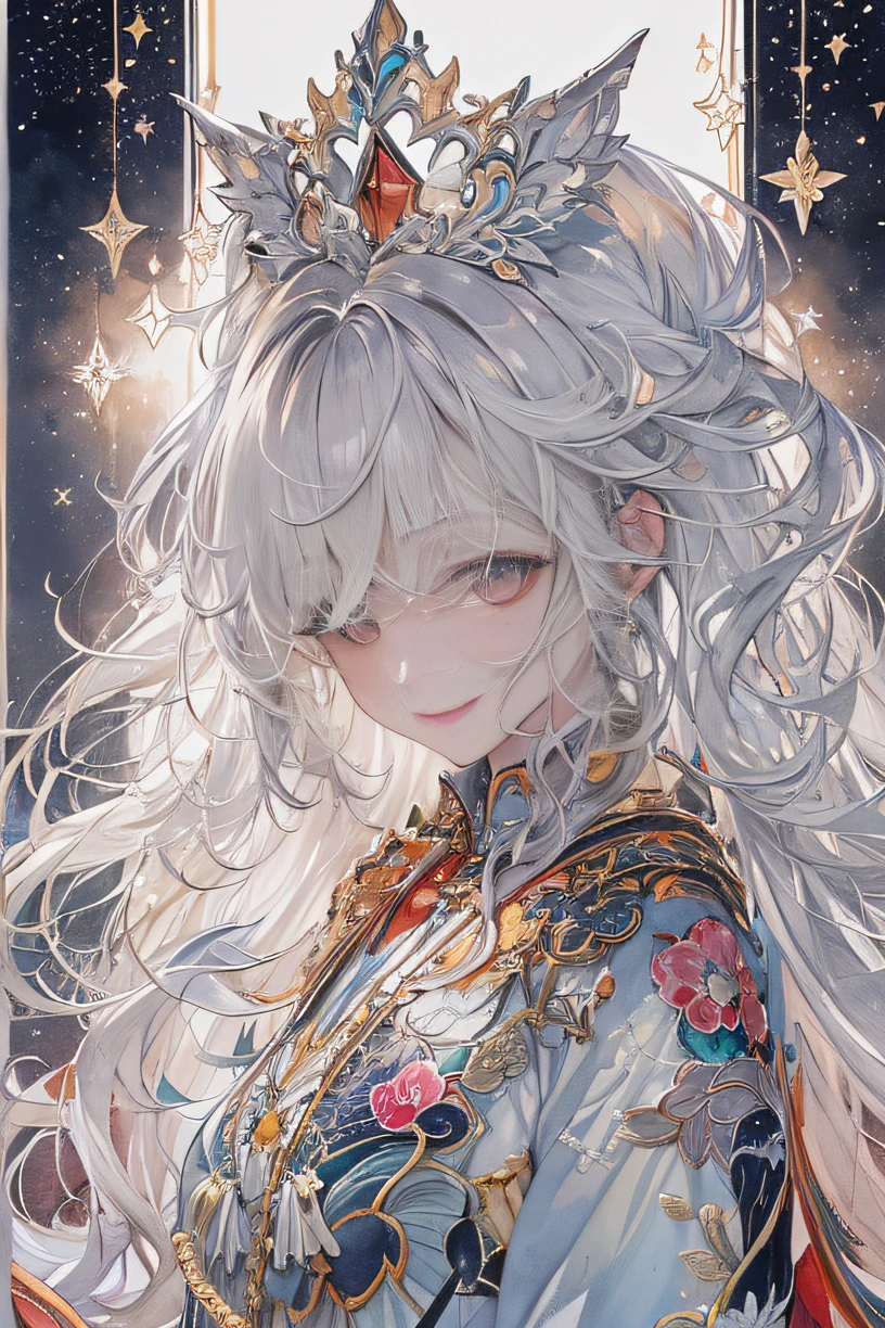 (tmasterpiece、top-quality、top-quality、watercolor paiting(curly)、offcial art、aestheticly pleasing:1.2)、(1 girl in:1.3)、(s fractal art:1.3)、Upper part of the body、seen from the front、looking at viewert、Patterned、(Hair color、Half-blonde,Half of the hair is silver:1.2)、Eau、liquids、clouds、Extremely colorful、starrysky、stone monument、Smiling red lips and big eyes,white skinned,Ambilight,The contrast is very sharp,Color rendering