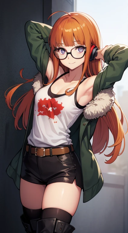 futabasakura, futaba sakura, orange hair, glasses, long hair, (purple eyes:1.1), ahoge,
BREAK behind-the-head headphones, belt boots, black footwear, black thighhighs, cross-laced footwear, fur trim, fur-trimmed jacket, green jacket, headphones, jacket, knee boots, lace-up boots, off shoulder, off-shoulder shirt, shirt, t-shirt, thighhighs, thighhighs under boots,
BREAK looking at viewer,
BREAK forest, dark sky, contrapposto, smile, spread armpits, cowboy shot, sleeveless, arms behind head,
BREAK (masterpiece:1.2), best quality, high resolution, unity 8k wallpaper, (illustration:0.8), (beautiful detailed eyes:1.6), extremely detailed face, perfect lighting, extremely detailed CG, (perfect hands, perfect anatomy),