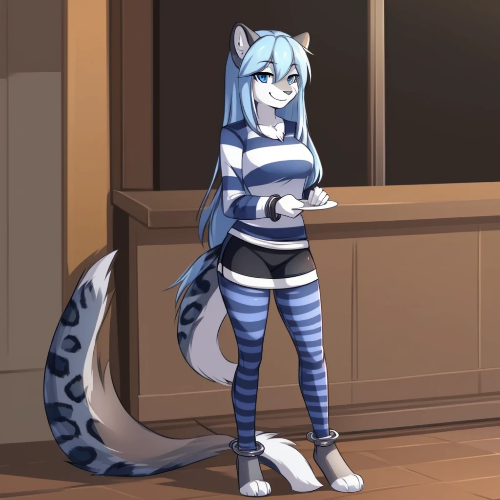 (anthro furry:1.3, snout:1.2, anthro:1.3, furry:1.2, solo female:1.2), solo, fully body, waitress, full body, (happy expression, perfect posture, smile), long hair, light blue hair, snow leopard, blue eyes, ((priclothes)), ((striped clothes)), prisoner, shirt, long sleeves, full body, shackles, black and white stripes, pants