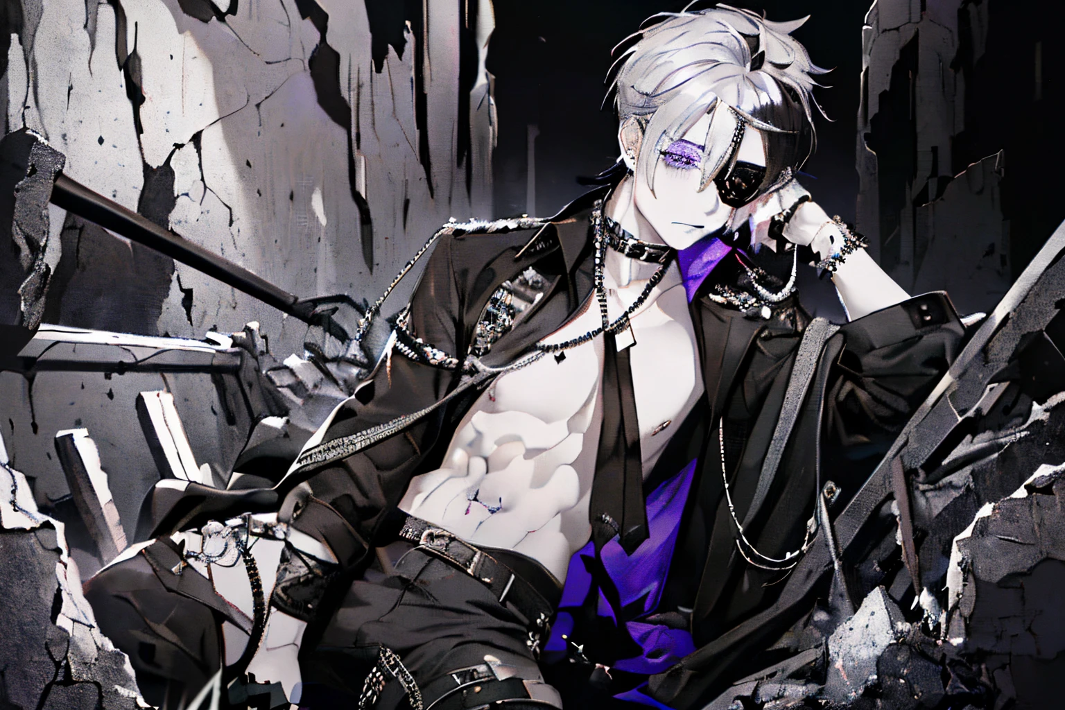 ((A ruined city full of rubble)),(After the war),((Vast landscape full of rubble)),(boy wearing tattered clothes),((Soot-stained hair mixed with silver and black)),(Lifeless eyes),((sit on the ground holding both knees)),((glare at me again)),(mouth slightly open),((Dark purple eyes)),((Monochrome world)),((black and gray and white and brown)),,((Eyepatch studded with fine jewels)),((Eye patch for left eye)),(pov from down),