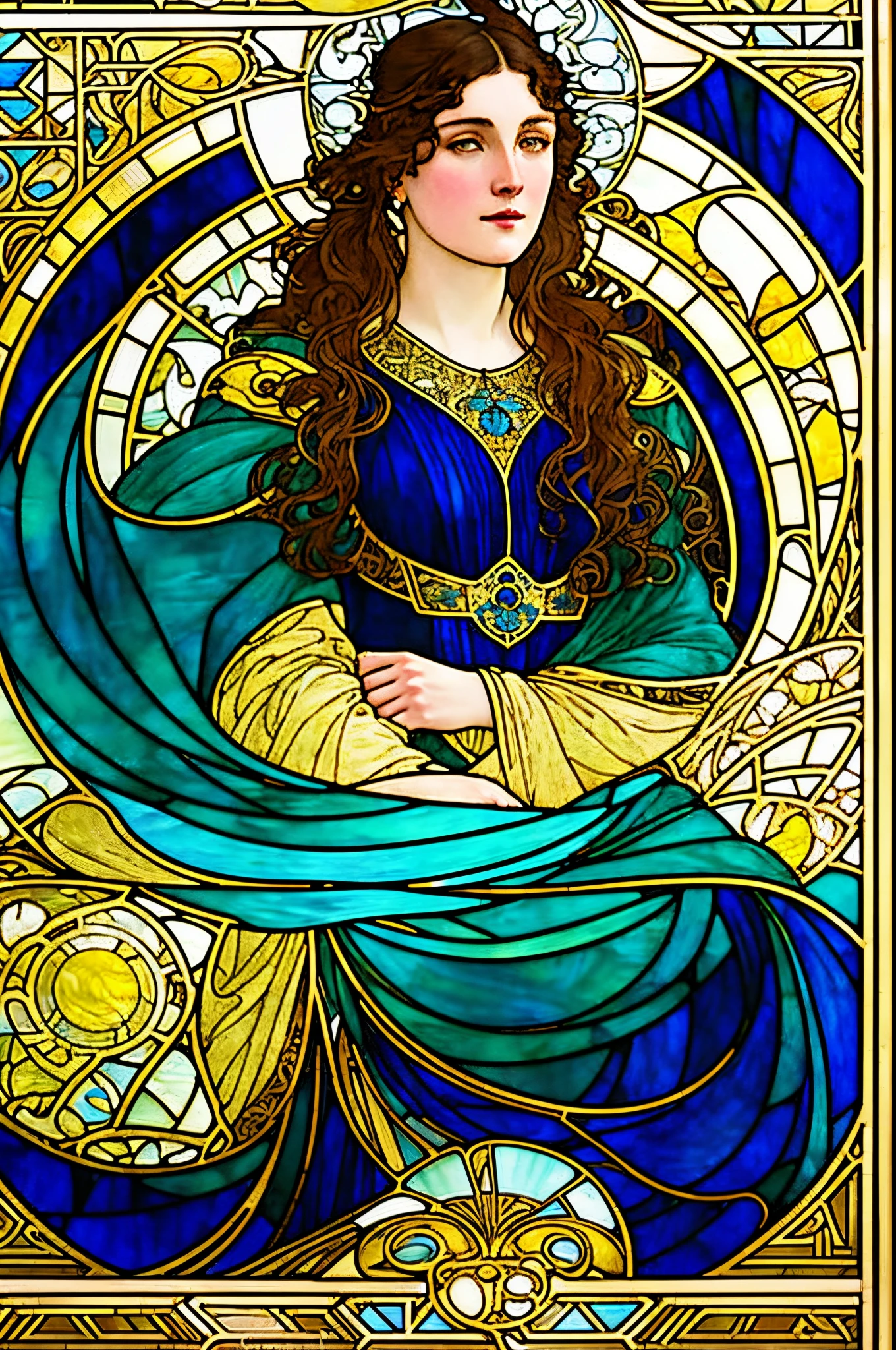 A picture of a woman wearing a blue dress and a yellow dress, by Galen Dara, maxim verehin stained glass, Stained Glass Art, styled in Art Nouveau, New paintings, inspired by Rebecca Guay, stain glass, in the style of Art Nouveau, (Art Nouveau), ( Art Nouveau ), painting of a woman, alphonse mucha magali villeneuve