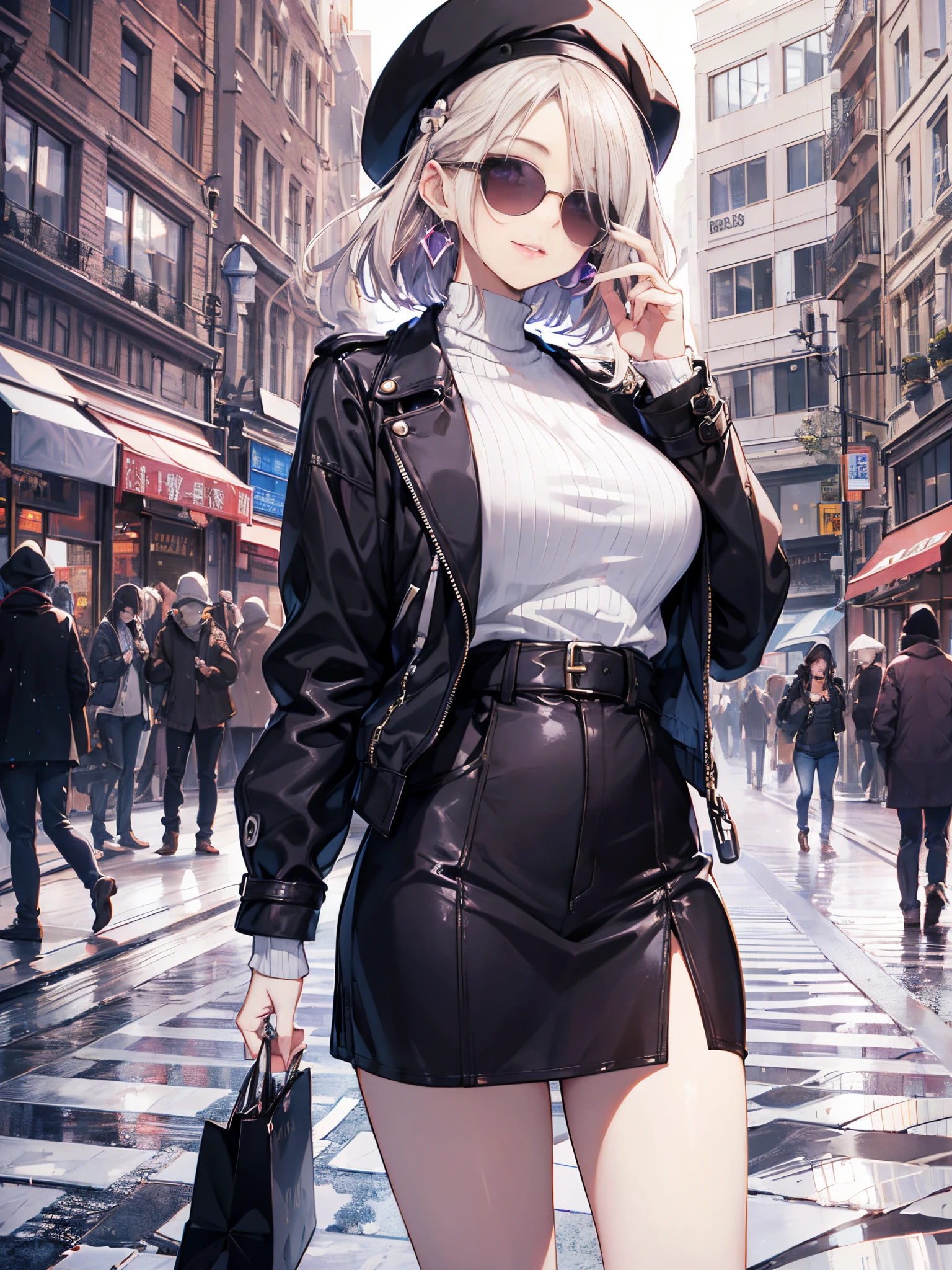 Solo ((perfect hand: 1.2)),Strong strip, Beautiful skin, White skin, medium breasts, Round sunglasses, Both eyes covered, totalitarianism, earrings, Cute lips, Beautiful, white  shirt, Black tie, Sexy, beautiful  lighting, Best Shadows, dynamic ungle, hightquality, top-quality,1 girl in, purple color  hair、Purplish pink eyes that dreamers desire, (Blonde hair) , small stature, Colossal tits, Lori, (masutepiece:1.2, Best Quality), (finely detailed beautiful eye: 1.2), (beautifull detailed face), (Best Illumination, extremely delicate and beautiful), ((Cinematic Light)), Dramatic light, (Pale white background:1.5), Short bob hair（1:3）、Ultra Contrast、Braid a little around the ears, 鎖骨,、Perfect Finger、Stylish coffee shop、(((only has 5 fingers)))、mocking look、nffsw,Arms crossed、grab the arm、Best Quality、Large breasts、muscular and thick pussy、high-level image quality、hightquality、8K,perfect hand、only has 5 fingers、Perfect Finger、T back、noise cut、god angle、A smile、Shopping street with falling snow、midwinter knit jumper、 top-quality、hyper HD、Arafe woman in coat and hat talking on mobile phone, Fashionable woman, elegant girl in urban outfit, posing in an urban street, beret and sunglasses, Clothes in warm colors, wearing an elegant outfit, wearing a French beret, standing in a city street, Woman in trench coat, modern fashion outfit, purple color  hair, Purple eyes, Black sunglasses, Lips