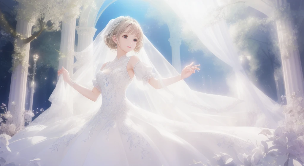 (top-quality、hight resolution、masterpiece)、There is a wedding dress with lights on the mannequin stand、A dream world where a beautiful woman wears that dress、((Fantastical))、 translucent dress, white royal dress, Elegant white dress, fantasy dress, Elegant dress, magical dress, romantic dress, fantasy dress with intricate decoration, white dress with luxurious embroidery, Wearing a beautiful white, lady dress with glowing flowers, ethereal and dreamy, dream style, White Dress, embroidery, Backlight、amazing splash、Luminous、