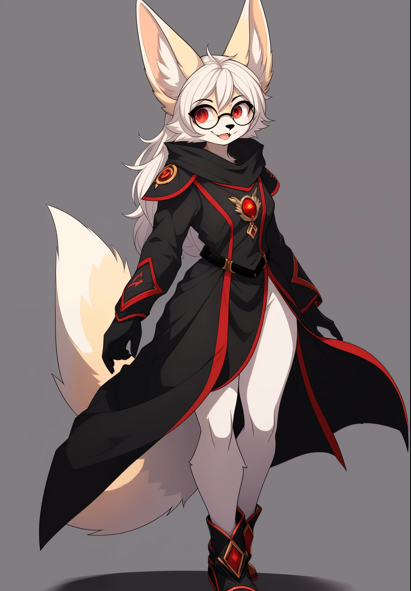 anthro, mommy female white fennec fox, solo, long white hair, red eyes, fangs, full body, one big tail, dark background. dark priest with balck and red cloack, third eye, round glasses, full body