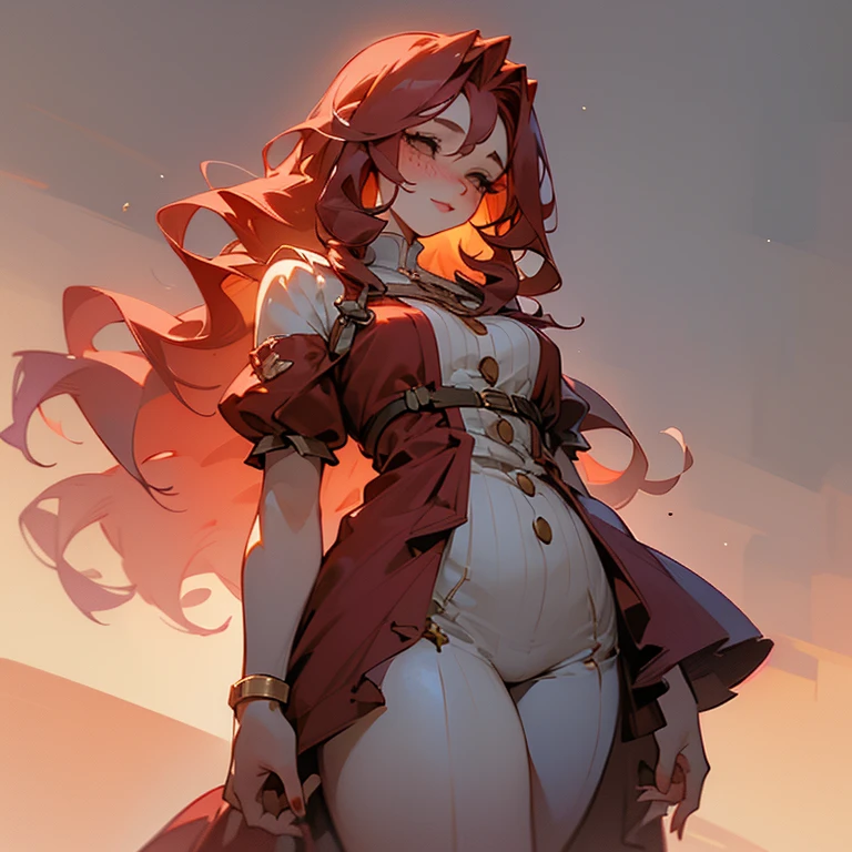 (Masterpiece)), ((Best Quality)), ((1 Girl)) Pose casual ((Smile kind, dress cute red and golden, accessories cute))("Crimson hair" + "long curly to below thighs" + "Long curved eyelashes" + "honey eyes, sleepy eyes" + "full pink lips" + "Soft and feminine features" + "average height" + "Button nose" + "curvy body" + "Medium Chest" + "thick thighs" + "Pale skin" + "cheeks are filled with a natural blush" + "freckles on her cheeks, chest and shoulders" + "medium-sized hands* + "Long and neat nails".)