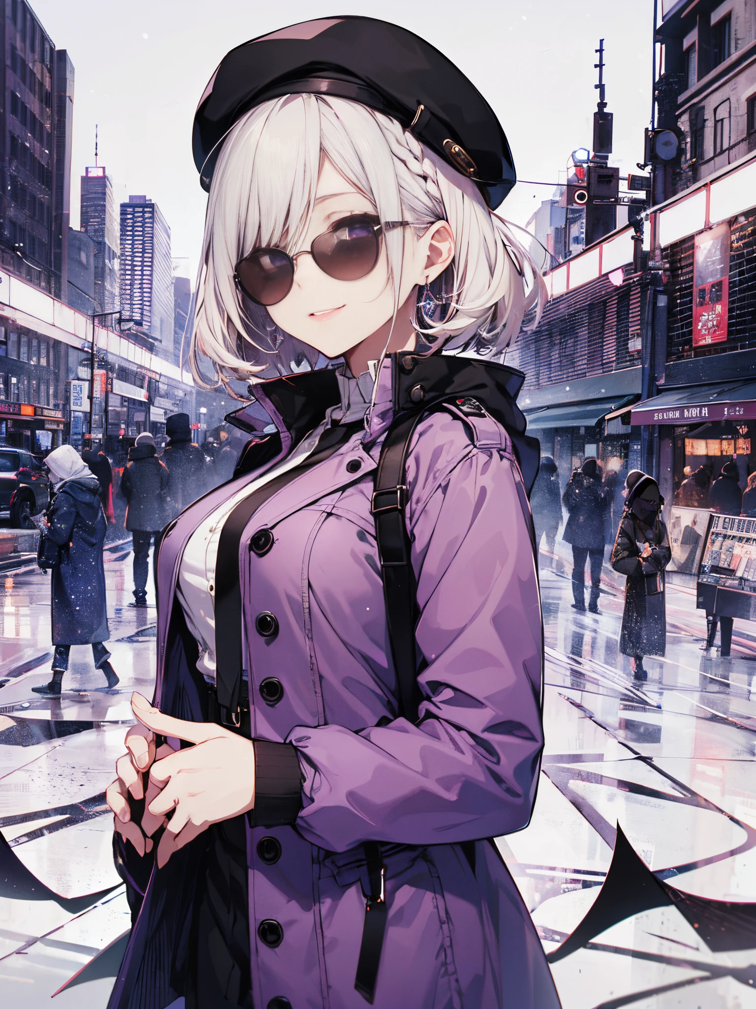 Solo ((perfect hand: 1.2)),Strong strip, Beautiful skin, White skin, medium breasts, Round sunglasses, Both eyes covered, totalitarianism, earrings, Cute lips, Beautiful, white shirt, Black tie, Sexy, beautiful lighting, Best Shadows, dynamic ungle, hightquality, top-quality,1 girl in, purple color hair、Purplish pink eyes that dreamers desire, (Blonde hair) , small stature, Colossal tits, Lori, (masutepiece:1.2, Best Quality), (finely detailed beautiful eye: 1.2), (beautifull detailed face), (Best Illumination, extremely delicate and beautiful), ((Cinematic Light)), Dramatic light, (Pale white background:1.5), Short bob hair(1:3)、Ultra Contrast、Braid a little around the ears, 鎖骨,、Perfect Finger、Stylish coffee shop、only has 5 fingers、mocking look、nffsw,Arms crossed、grab the arm、Best Quality、Large breasts、muscular and thick pussy、high-level image quality、hightquality、8K,Bring gloves、gloves、Black Gloves、(((perfect hand)))、only has 5 fingers、Perfect Finger、T back、noise cut、god angle、A smile、Shopping street with falling snow、midwinter knit jumper、 top-quality、hyper HD、Arafe woman in coat and hat talking on mobile phone, Fashionable woman, elegant girl in urban outfit, posing in an urban street, beret and sunglasses, Clothes in warm colors, wearing an elegant outfit, wearing a French beret, standing in a city street, Woman in trench coat, modern fashion outfit, purple color hair, Purple eyes, Black sunglasses, Lips