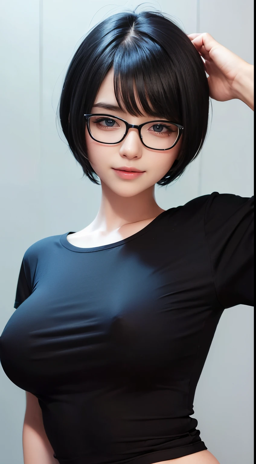 ((child face:1.3)), blunt bangs, Black hair, Super Short hair, pixie cut hair, Silky hair, (masterpiece, Best Quality, High quality, ultra-detailliert, high resolution, Perfect body, Perfect Anatomy, detailed anatomy, photography, ), (((Saggy Big breast ))), blunt bangs, Black hair, super Short hair, pixie cut hair, Silky hair, blushed face, Naughty face, Sweet smile, Wearing oversize t-shirt, korena over size t-shirt, Glossy skin, oily body, seductive pose, Blushed face, naughty face, short hair, super short hair, pixie cut, Wearing black eye glasses,