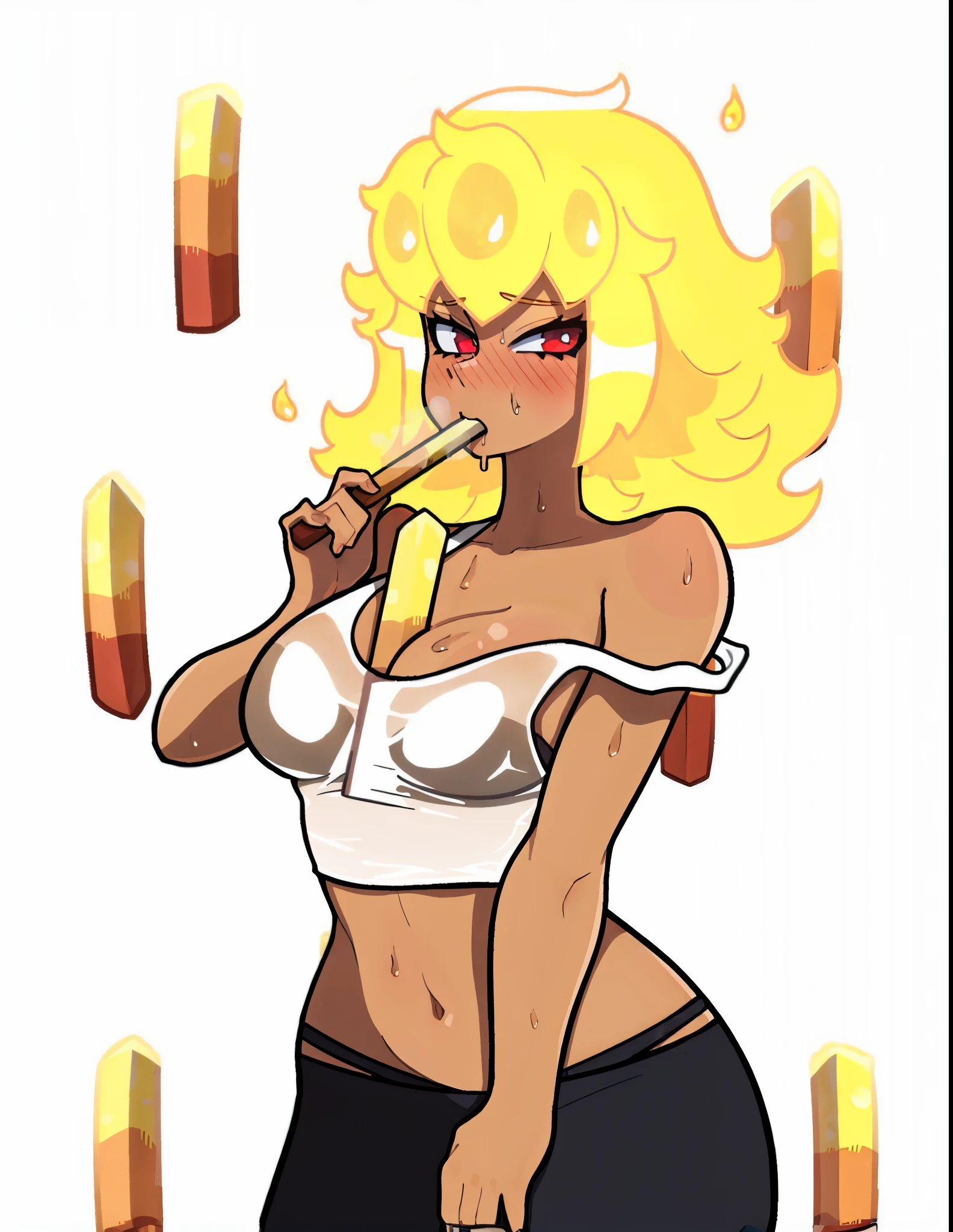 blond girl with a cigarette in her mouth and a white top, fire!! full body, lola bunny fanart, oc commission, commission for high res, hot fire goddess, she has fire powers, cutesexyrobutts, firey, in the art style of 8 0 s anime, official art, fullbody commission for, some smoke and fire, r/art with her flasing her boobs