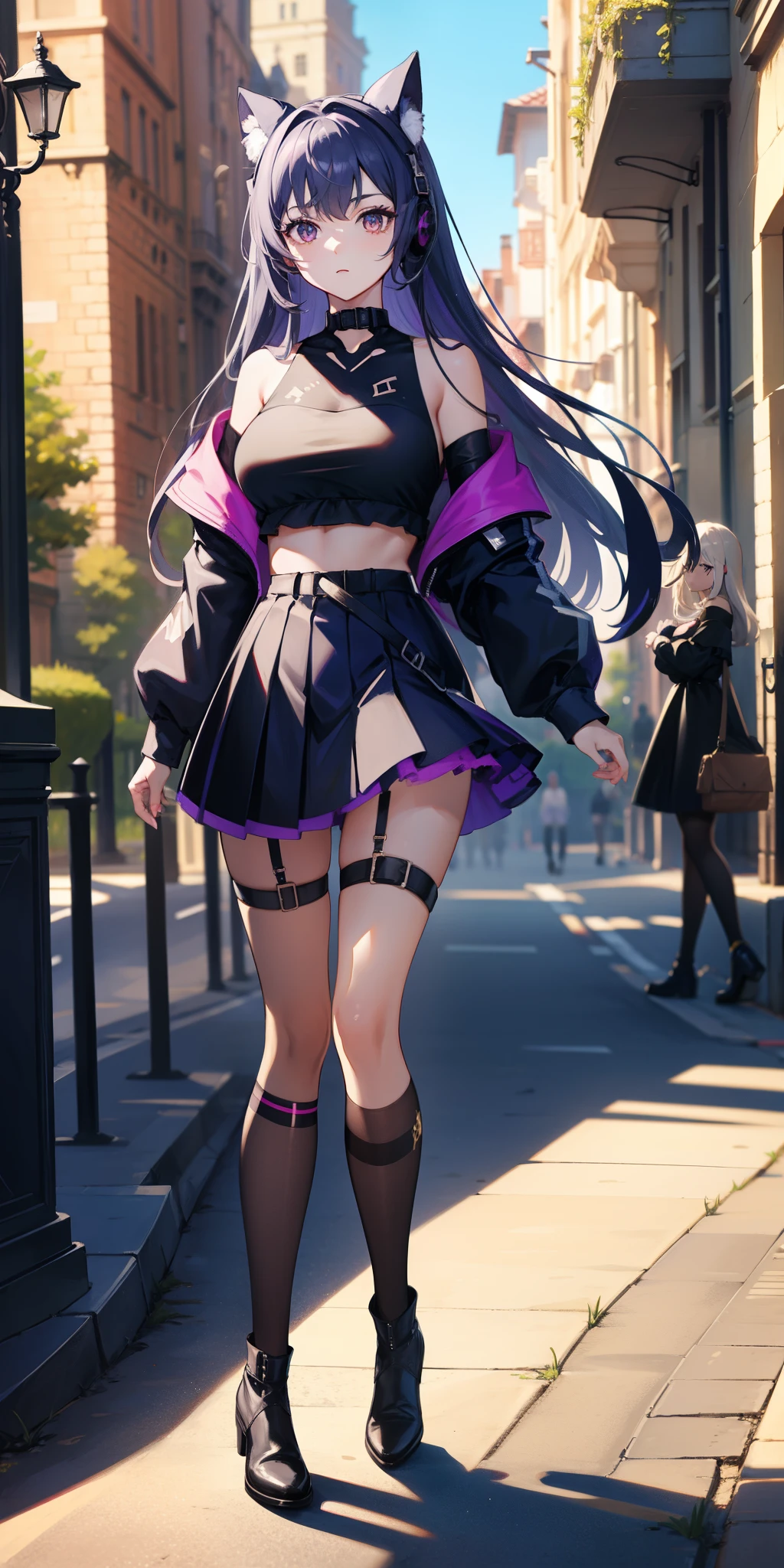 masterpiece, best quality, tall, clearire2, 1girl, Sister Cleaire, Only, long hair, open sexy clothes, black skirt, Black stockings, long sleeves, chest harness, black shirt, two sides up, bangs, crop top, miniskirt, Shoes, futuristic headphone, O-Ring, midriff, black and purple hair, different color eyes, off shoulder, big breasts, thigh strap, pleated skirt, eye braces, perfect eyes, cropped shirt, street, mask, standing