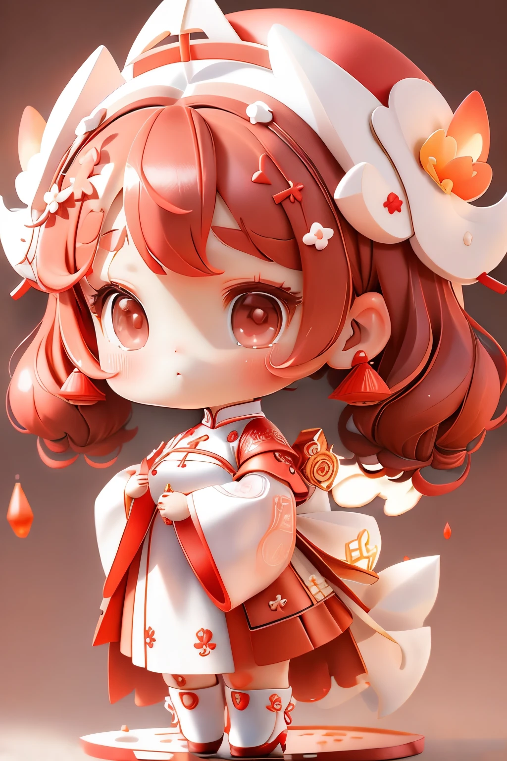 girl with, Chibi、amber, , medium pastel red white, luxury fabrics, dithering, Far-reaching,viewer lucky brown,To the ao dai dress、、There are no protrusions on the head、There are no protrusions on the head