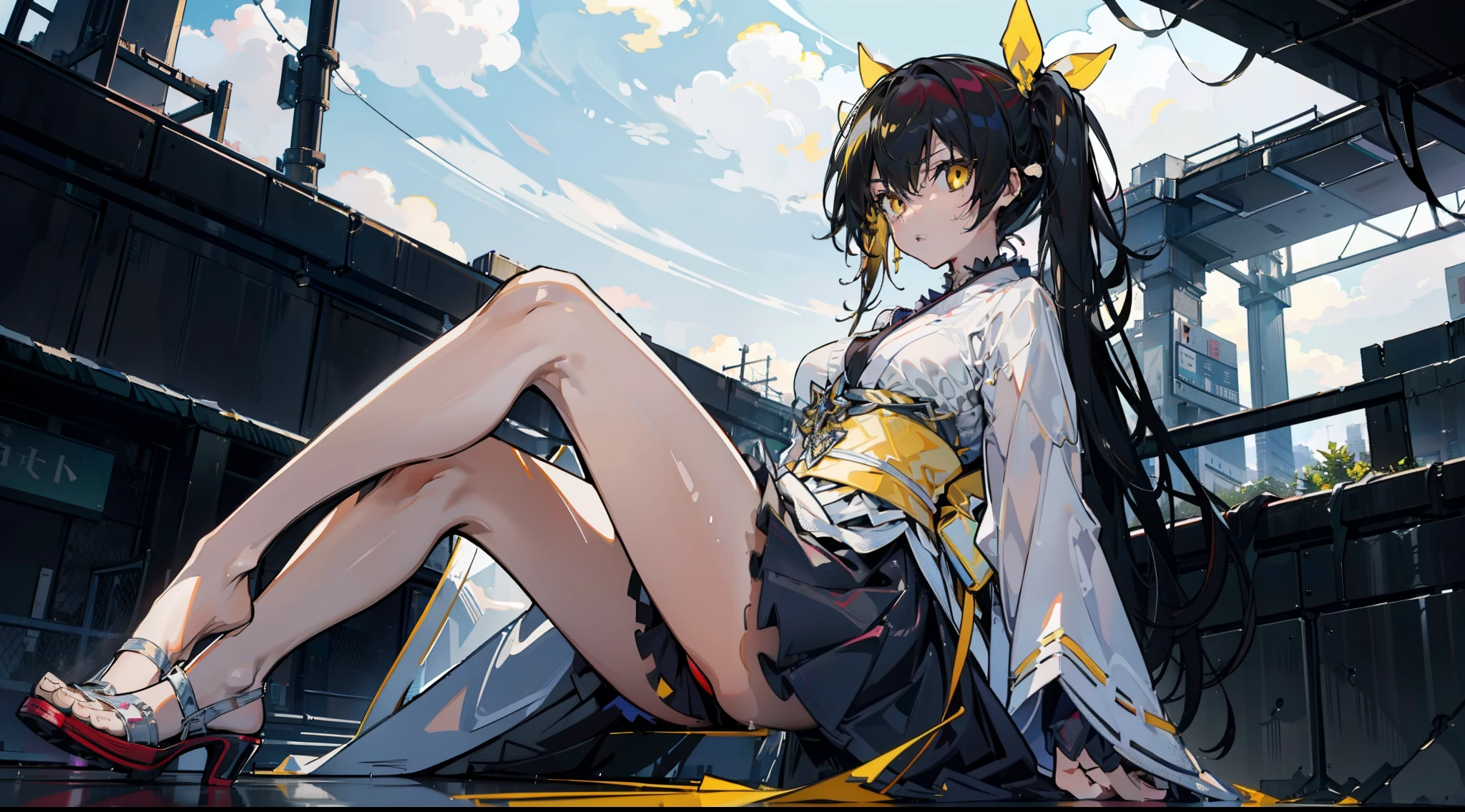 1female，yo，Slim，熟妇，medium cleavage breasts Thin waist，slenderlegs，Pornographic exposure， 独奏，master nemesis, dark-skinned female, black hair, very long hair, twin tails, yellow eyes, medium breasts,(wearing: yellow kimono, obi, ribbon, stocking, high heels), looking at viewer,（Background with：ln the forest，the rainforest，in summer，sitting on the ground，Sweat profusely，drenched all over the body，seen from the front， hair straight， mostly cloudy sky，（（（tmasterpiece），（Very detailed CG unity 8K wallpaper），best qualtiy，cinmatic lighting，detailed back ground，beatiful detailed eyes，Bright pupils，（Very fine and beautiful），（Beautiful and detailed eye description），ultra - detailed，tmasterpiece，）），facing at camera，（Full body photo），Show shoes，A high resolution，ultra - detailed），revealing breasts， Bulge，legs are open，Raised sexy，Flushed complexion，Open legs，frontage，full body, sexy pose