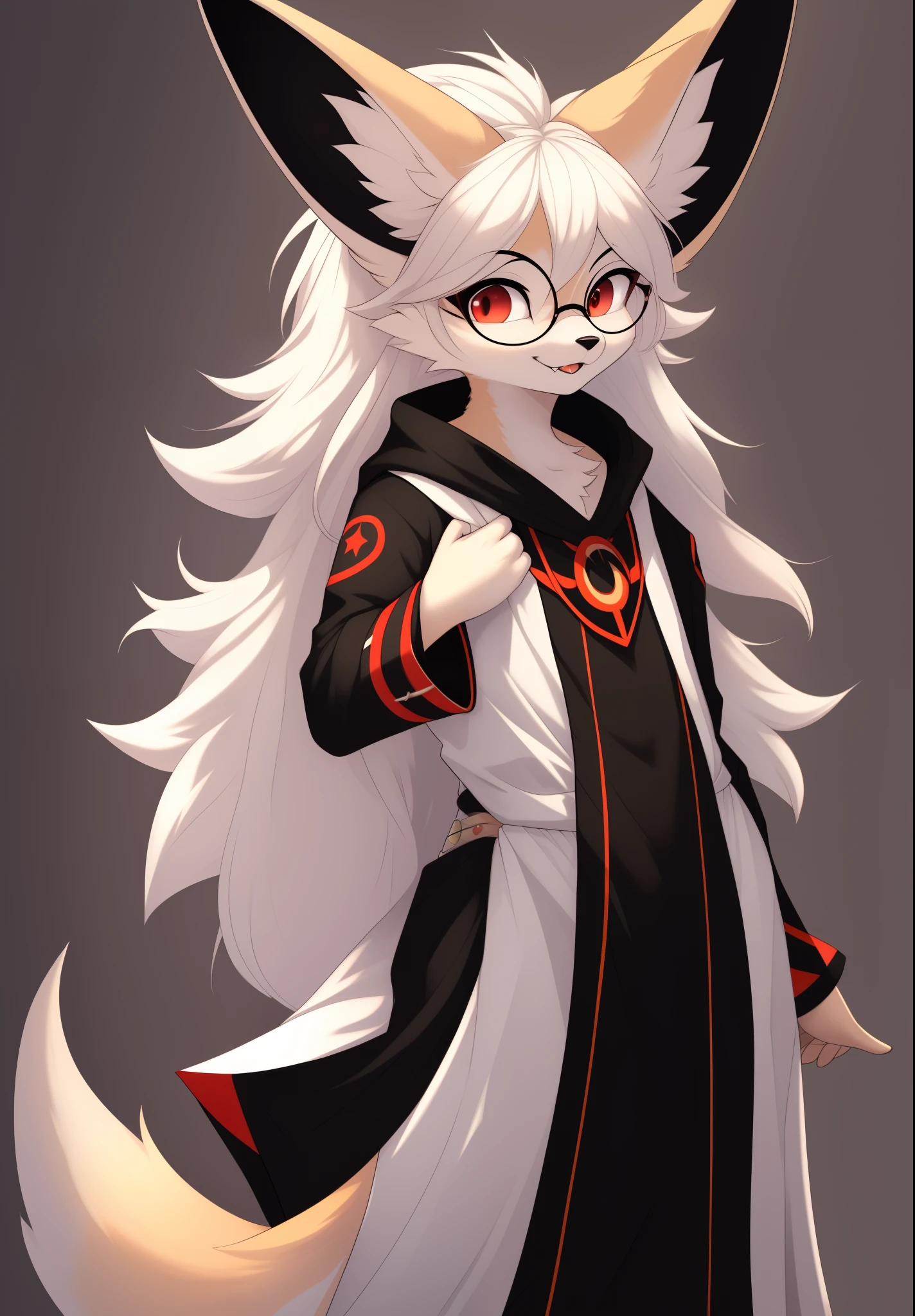 anthro, mommy female white fennec fox, solo, long white hair, red eyes, fangs, full body, one big tail, dark background. dark priest with balck and red cloack, third eye, round glasses, full body, realism