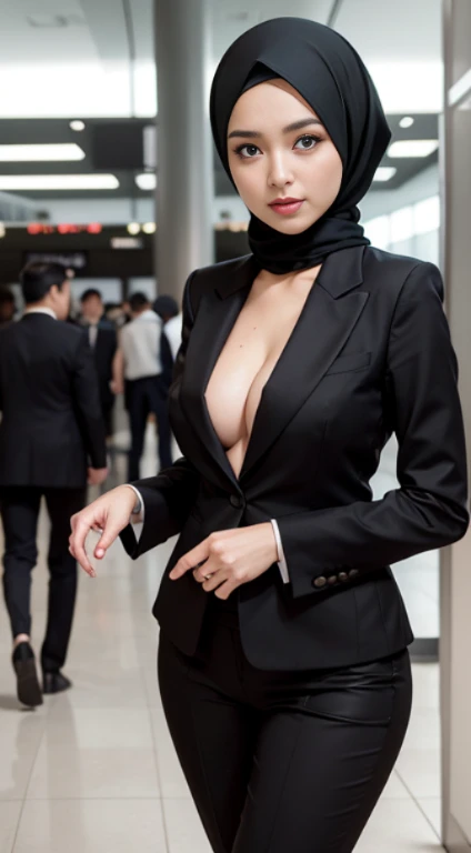 Best quality, masterpiece, ultra high res, in an airport, (photorealistic:1.4), walking, a beautiful woman,),(( black tuxedo)), blazer, trousers, suitcase, cleavage, elegance pose, visible cameltoe, medium breast, camel toe, pubic hair, curvy waist, slender abs, shiny white skin, smooth hair, seductive smile, bokeh, bottom view, open legs, focus on the pants, hijabi, indonesia