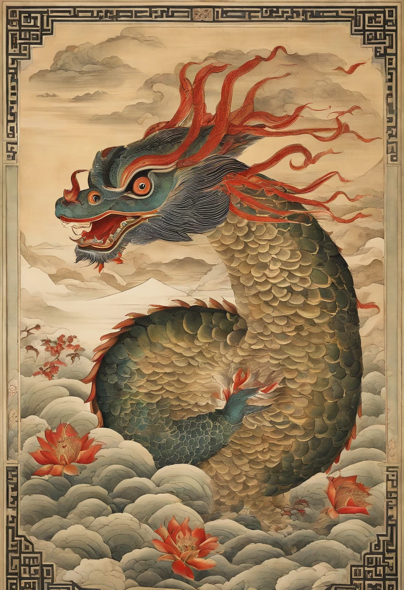 (best quality,16k:1.3)A magnificent depiction of Xuanwu, one of the Four Divine Beasts in Chinese mythology. Xuanwu takes the form of an enormous turtle with a long serpentine tail, a dragon head, and a sturdy shell covering its body. With four powerful legs, Xuanwu gracefully moves both on land and in water. Its back is adorned with a pair of majestic wings, and its eyes flicker with flames, exuding an air of mystery. This awe-inspiring creature possesses supernatural powers and wisdom. The artwork captures the essence of Eastern art style, incorporating traditional Chinese cultural elements such as cloud patterns and lotus flowers. The color palette is composed of rich, vibrant hues, enhancing the overall visual impact. The lighting delicately illuminates the intricate details, casting a surreal glow on the magnificent Xuanwu.