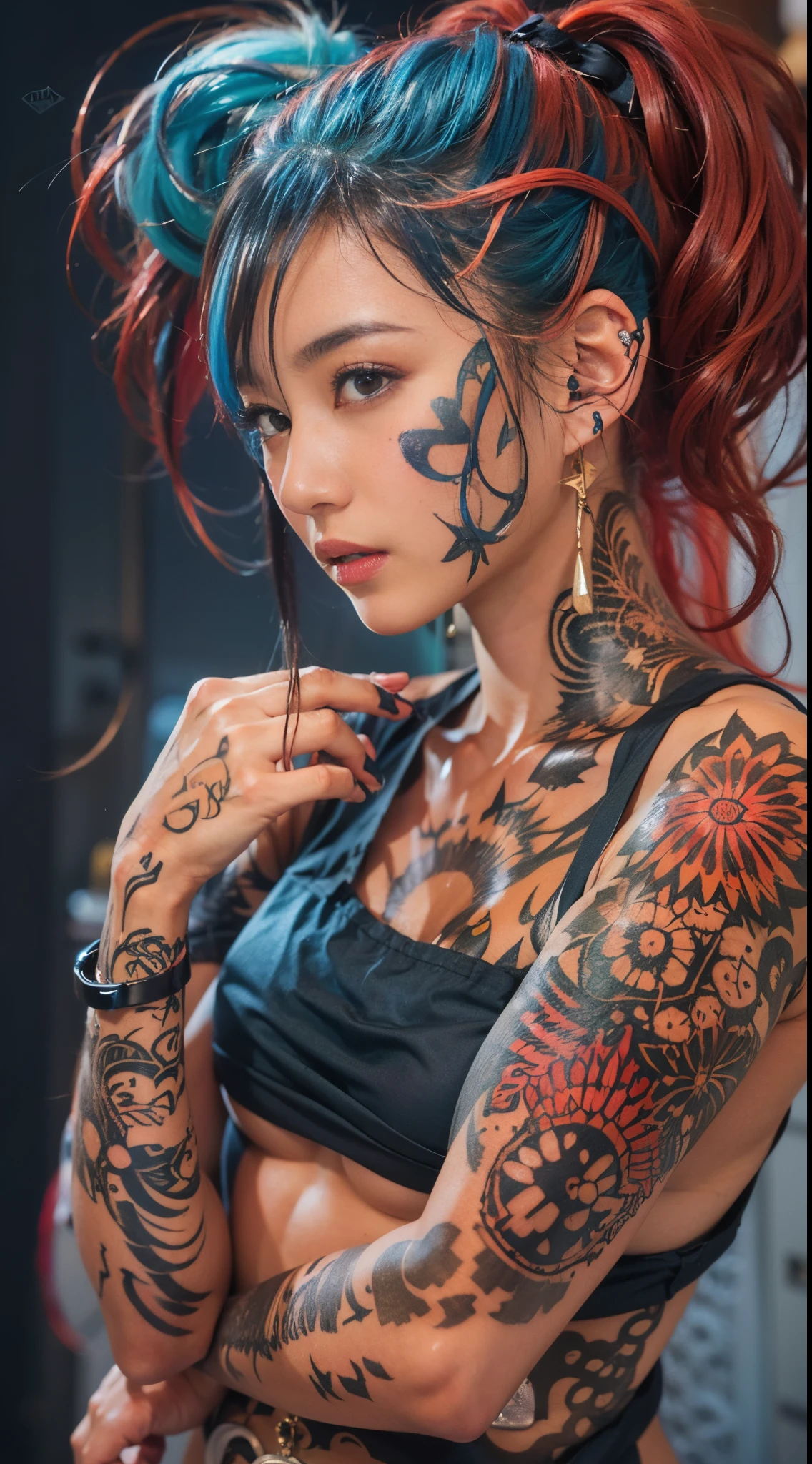 a woman with tattoos and a red dragon on her arm and blue eyes, cartoon character; full body art, dragon girl, the dragon girl portrait, anime woman full body art, Beautiful character painting, detailed anime illustrations, 8K high quality detailed art, Oriental tattoos, by Yang J, full body art muy detallado, Taiwanese girl with tattoos, yakuza slim girl, japanese art style, hourglass body type, big breasts, defined waist , big hips