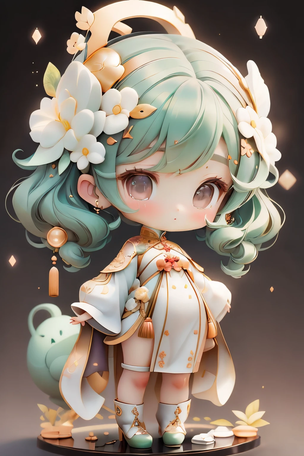 girl with, Chibi、amber, , medium pastel mint white, luxury fabrics, dithering, Far-reaching,viewer lucky brown,To the ao dai dress、、There are no protrusions on the head、There are no protrusions on the head